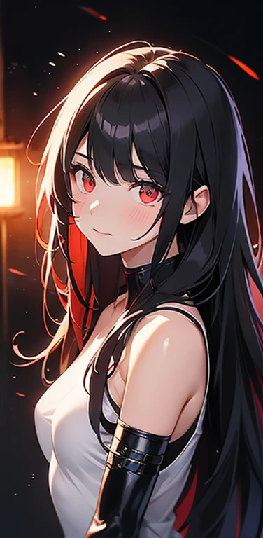 Realistic、1girl、(black hair red hair gradient hair:1.3)、(long hair),red eyes、(glowing eyes:1.3)、open stance,(middle hair),(breast focus:1.3,upper body),(enamel body suit:1.3,open chest
)、(clear face:1.3),(cute face:1.5),(tareme:1.3),(small breasts),(dark color background:1.5)
