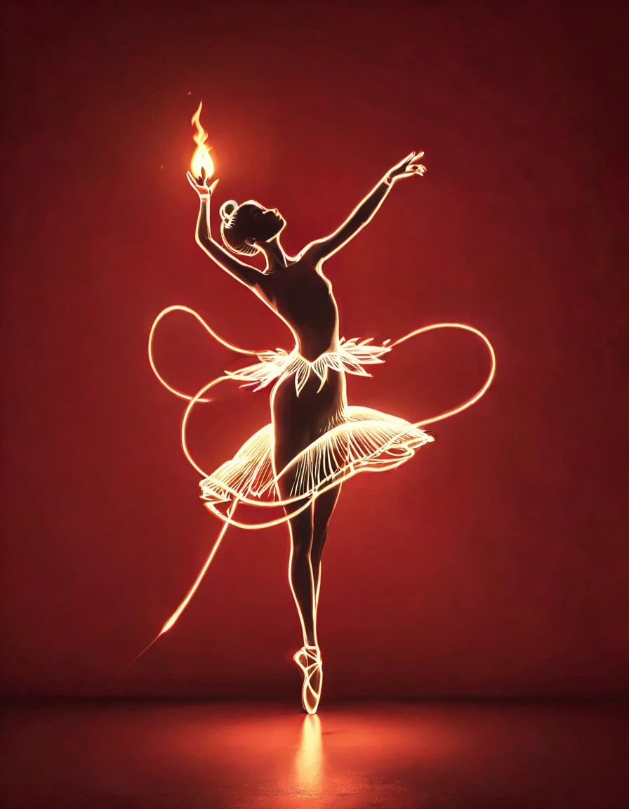 Candle, red background, digital art style, simple lines
Silhouette of a ballet dancer dancing beautifully, flame dancing with the light simple lines, silhouette art, backdrop, illustration, red background, cartoon, solid color background, texture, candlelight, warm atmosphere, mysterious feeling, dancing in the light of a soft fire, showing the style of fire and light