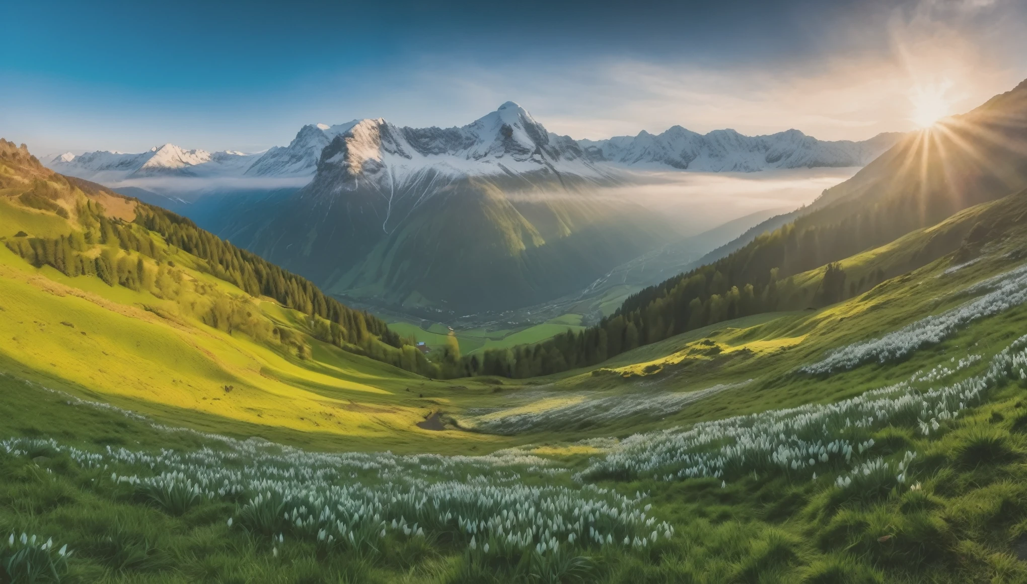 (masterpiece:1.2,best quality,realistic) majestic mountains, (beautiful view, vibrant colors), (snow-capped peaks), (lush greenery), (refreshing spring morning), (soft mist in the valleys), (blooming snowdrops), (peaceful atmosphere), (serene and calm), (crisp and clean air), (tranquility and serenity), (birds chirping), (clear blue sky), (gentle breeze), (sunlight filtering through the trees), (dramatic lighting), (impressive scale), (stunning landscapes), (captivating beauty), (awe-inspiring vistas), (sheer grandeur), (majestic mountain range), (imposing presence), (harmony with nature), (stunning details), (immersive experience), (deep sense of peace), (sense of wonder), (timeless beauty), (ethereal ambiance), (unforgettable sight), (mind-blowing panorama), (scenic beauty), (breathtaking view), (emotional connection), (artistic craftsmanship), (exquisite attention to detail), (impressive realism), (masterful brushstrokes), (meticulous composition), (unparalleled artistry), (immersive atmosphere), (visual feast for the eyes).