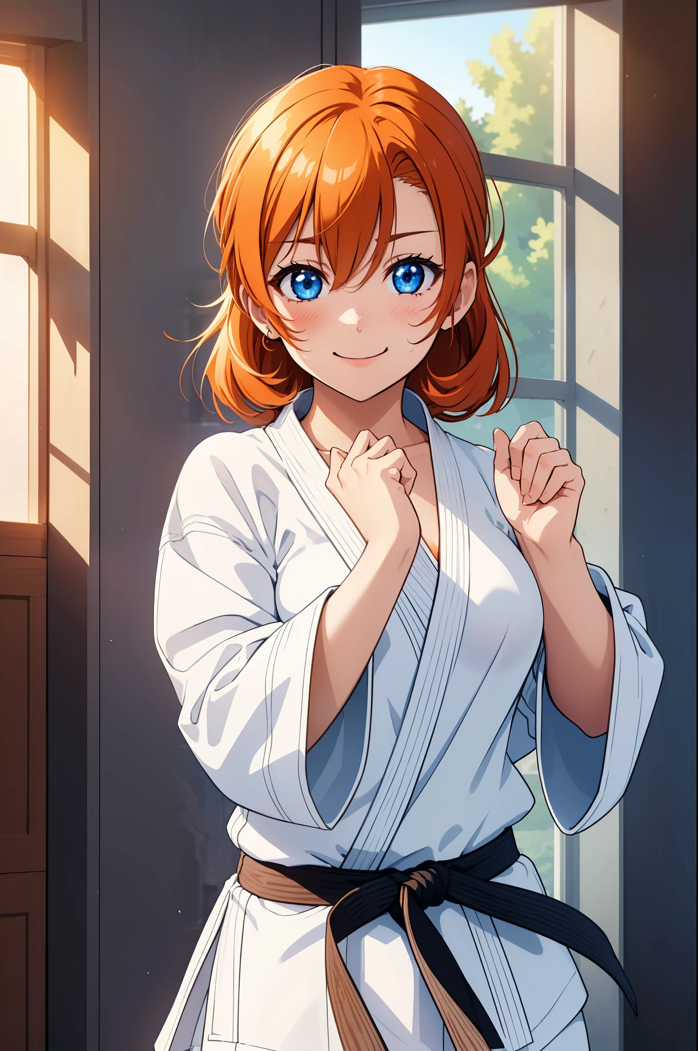 (Masterpiece, Best Quality, High Quality), upper body,volumetric lighting, illustration, beautiful, perfect lighting, perfect shadows, (breathtaking scenery:1.1), blushing, facing viewer, standing,Kousaka honoka, blue eyes, orange hair,karate gi,white karate custom, big breasts, sweating, smile