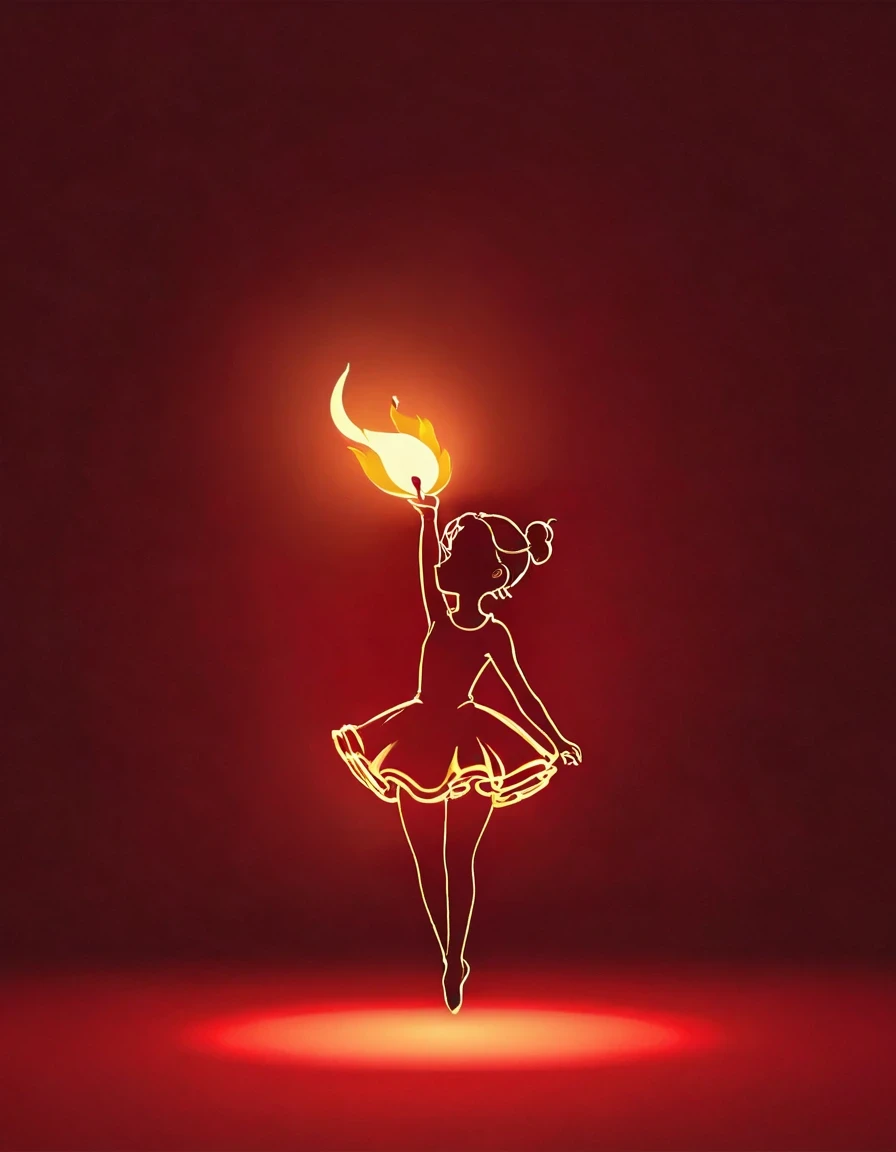 Candle, red background, digital art style, simple lines
Little girl dancing beautifully silhouette of a flame dancing with the light in simple lines, illustration, red background, cartoon, solid color background, texture, candlelight, warm atmosphere, mysterious feeling, soft fire dancing in the light, showing the style of fire and light