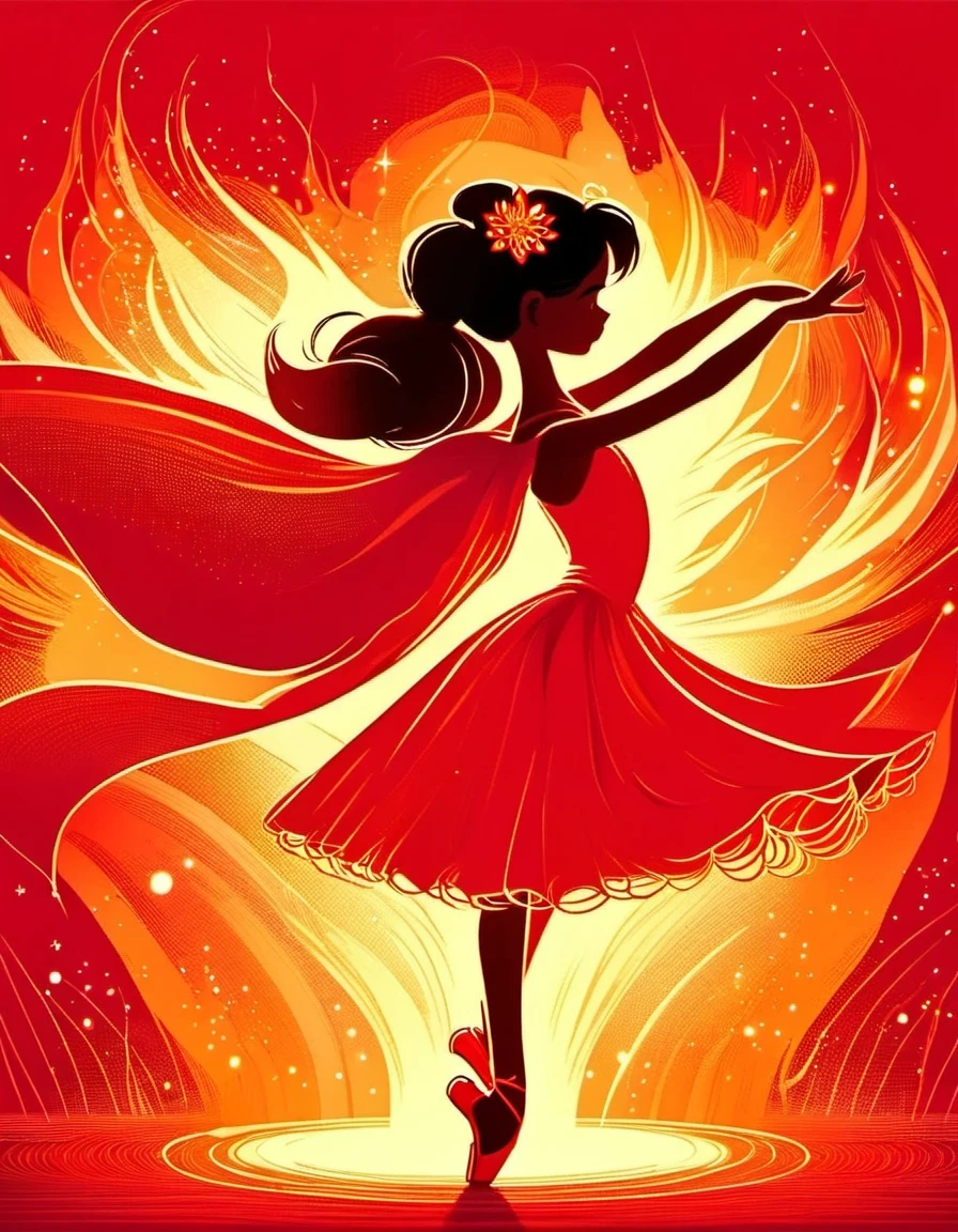 Candle, red background, digital art style, simple line illustration of flame dancing with light, ballerina silhouette, red background, cartoon, solid color background, texture, candlelight, warm atmosphere, mysterious feeling. The girl dances beautifully. She dances in the soft light of the fire, showing the style of fire and light