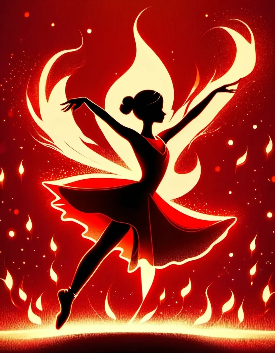 Candle, red background, digital art style, simple line illustration of flame dancing with light, ballerina silhouette, red background, cartoon, solid color background, texture, candlelight, warm atmosphere, mysterious feeling. The  girl dances beautifully. She dances in the soft light of the fire, showing the style of fire and light