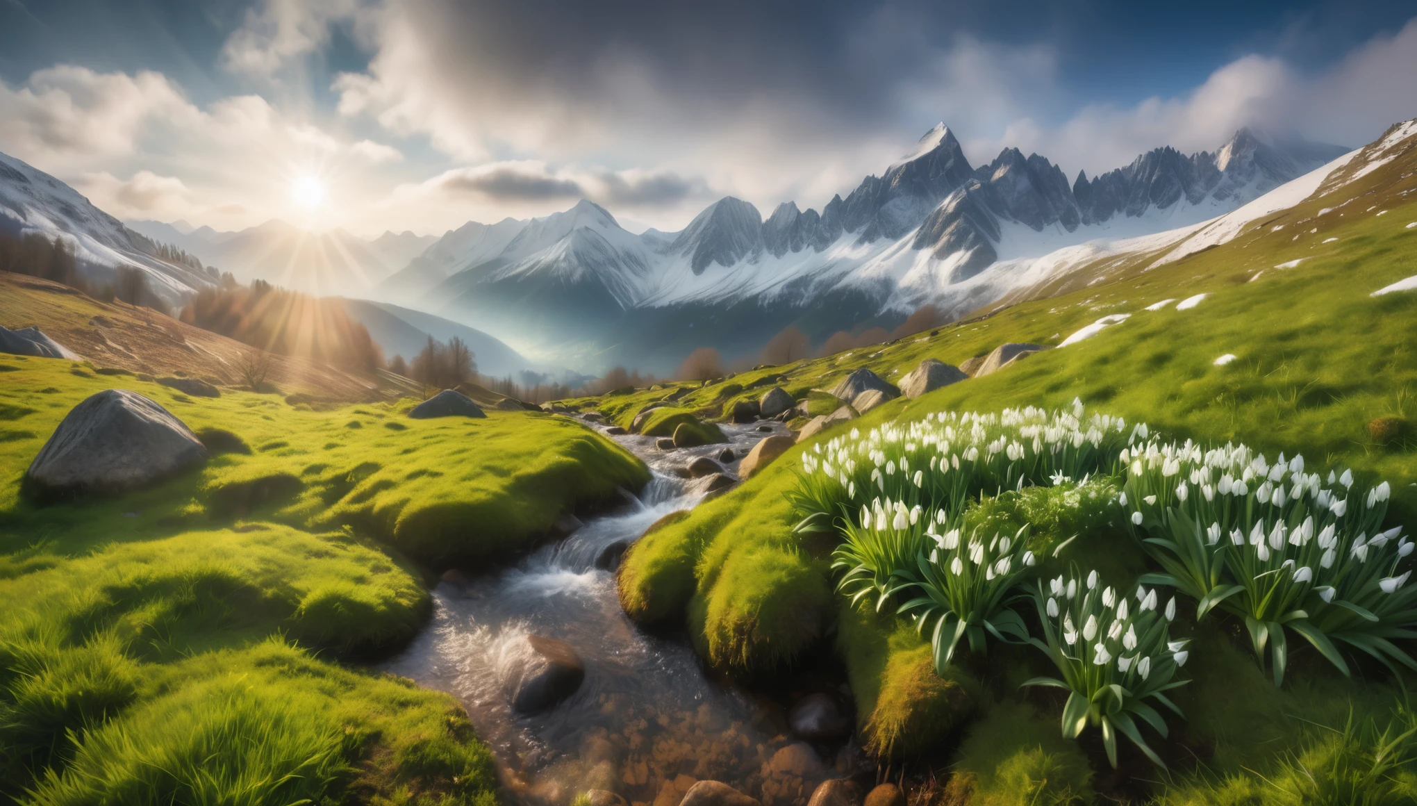 (masterpiece:1.2,best quality,realistic) majestic mountains, (beautiful view, vibrant colors), (snow-capped peaks), (lush greenery), (refreshing spring morning), (soft mist in the valleys), (blooming snowdrops), (peaceful atmosphere), (serene and calm), (crisp and clean air), (tranquility and serenity), (birds chirping), (clear blue sky), (gentle breeze), (sunlight filtering through the trees), (dramatic lighting), (impressive scale), (stunning landscapes), (captivating beauty), (awe-inspiring vistas), (sheer grandeur), (majestic mountain range), (imposing presence), (harmony with nature), (stunning details), (immersive experience), (deep sense of peace), (sense of wonder), (timeless beauty), (ethereal ambiance), (unforgettable sight), (mind-blowing panorama), (scenic beauty), (breathtaking view), (emotional connection), (artistic craftsmanship), (exquisite attention to detail), (impressive realism), (masterful brushstrokes), (meticulous composition), (unparalleled artistry), (immersive atmosphere), (visual feast for the eyes).