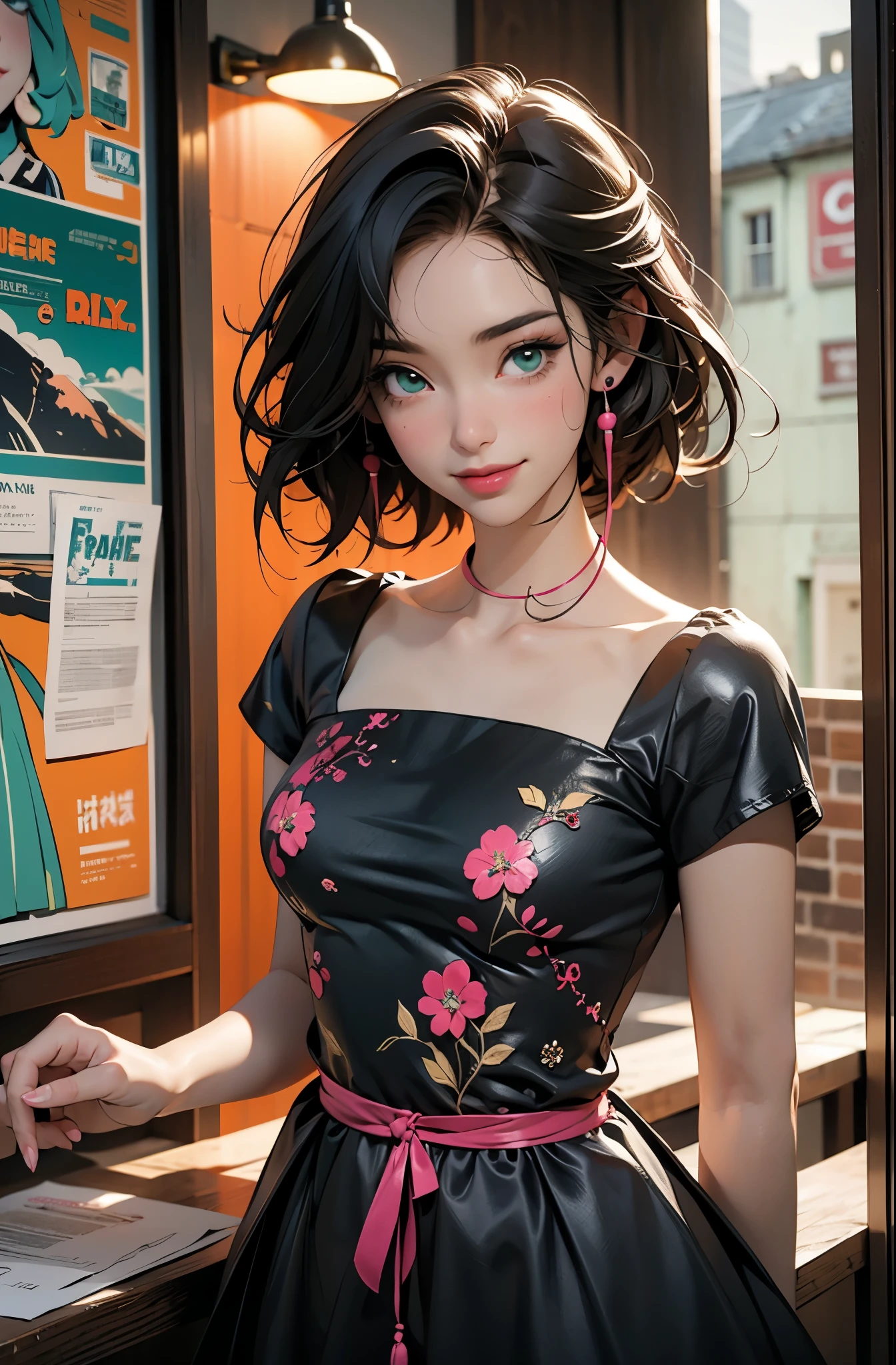 pink dress, smile, model girl wearing headphones, city background, emerald green eyes, intricate details, aesthetically pleasing pastel colors, poster background