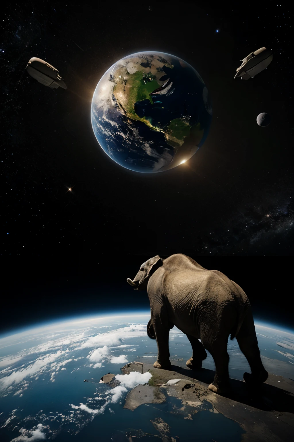 draw a realistic picture of the earth on the elephants, and elephants on a turtle against the backdrop of space