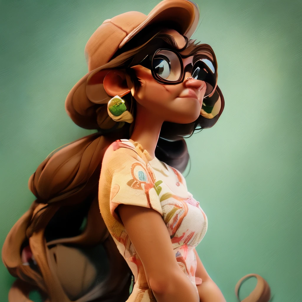 Create a age female character. She must have long brown hair . Large green doe eyes.Little round and juicy lips. She wears blue jeans and small green top