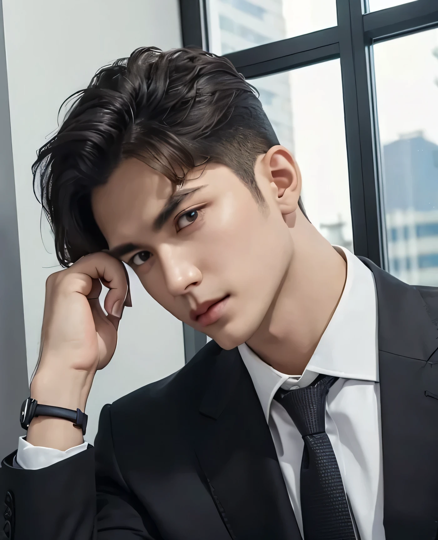 a close up of a person in a suit and tie with a hand on his chin, realistic