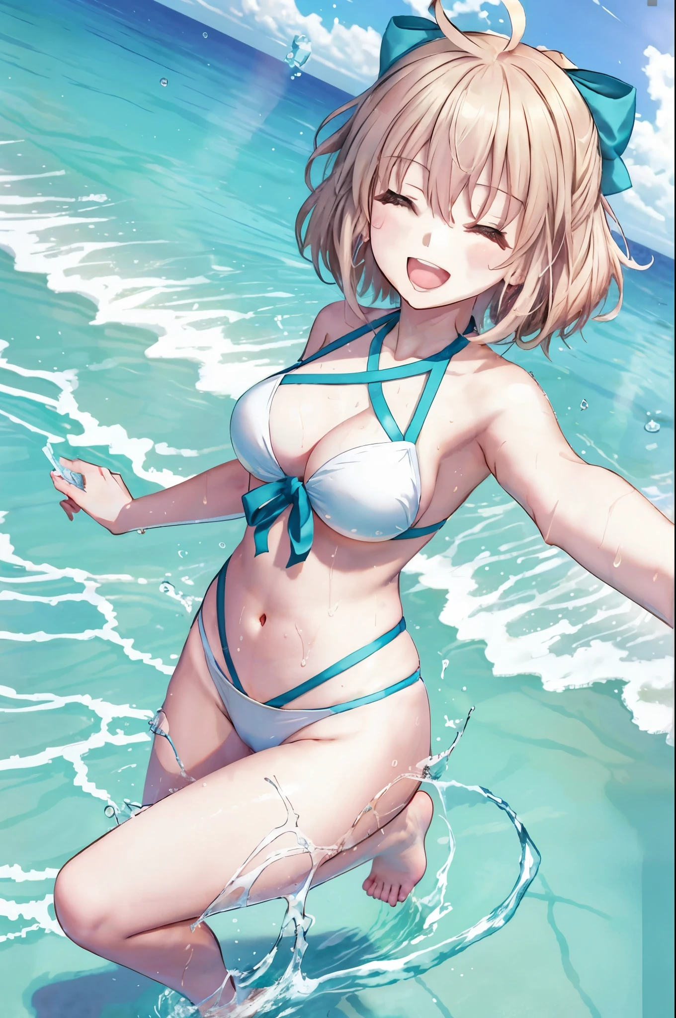 masterpiece, best quality,extremely detailed CG unity 8k wallpaper,
1girl,okita souji \(fate\), swimsuit,bikini,
smile,open_mouth,dynamic_jumping,sunlight,splash_of_water,happy,closed_eyes,selfie