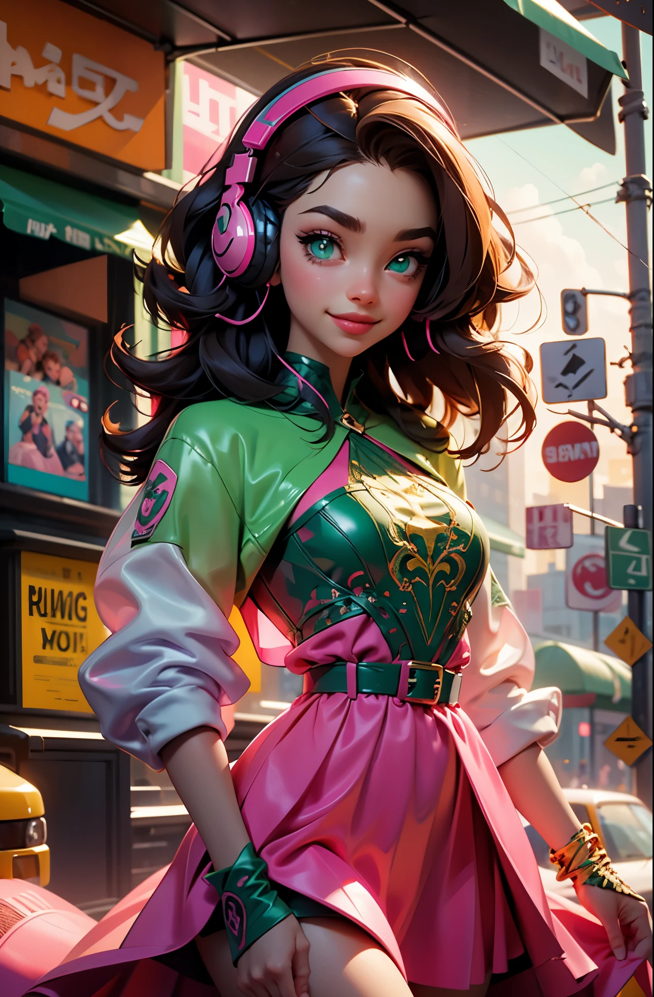 pink dress, smile, model girl wearing headphones, city background, emerald green eyes, intricate details, aesthetically pleasing pastel colors, poster background
