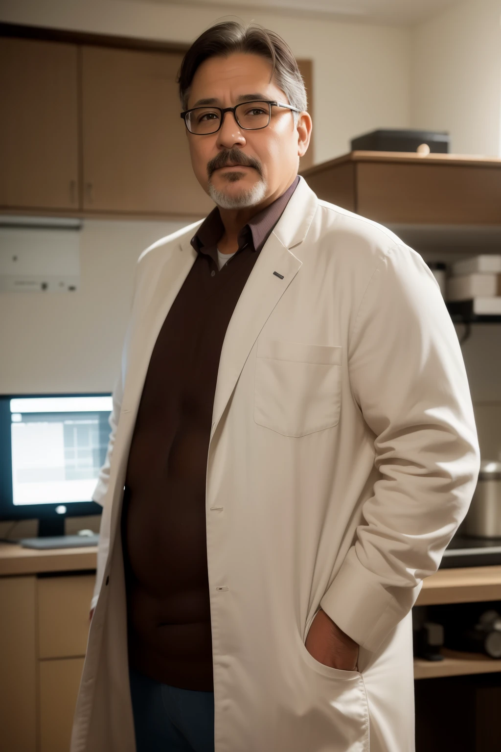 The old man's name is Albert,Age 52,is a home,big breasts slightly fat,Looks rich,calm,Confident big brown eyes, wearing nedd glasses,Wearing lab coat facing observer in laboratory,hands in pockets,Super detailed,8K,super shot