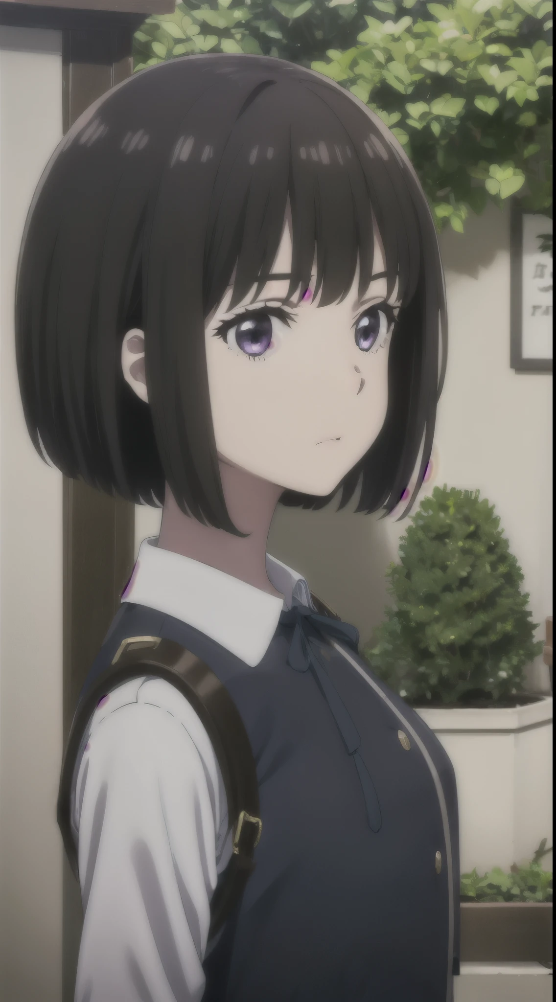 (((pixel-perfect, detail-perfect))), solo, 1girl, HDR, 4K, exploded back, upper body, bob hair, short hair, short bob hair, bob cut, haircut, undercut, bobbed hair, minibob, hairclips, purple eyes, lycoris uniform
