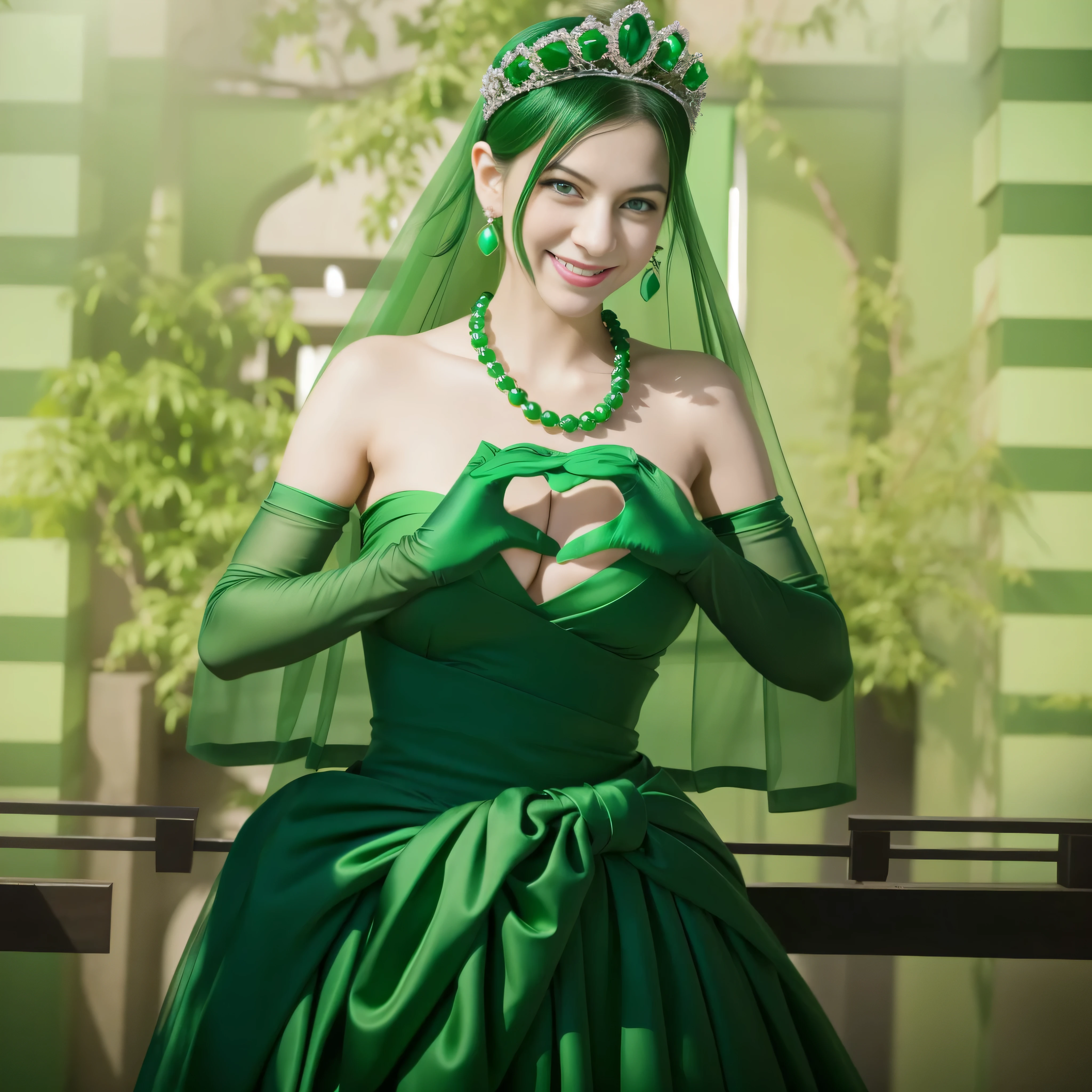 emerald tiara, green pearl necklace, Boyish black hair berry short, lipstick, Smiling Japan woman, very short hair, beautiful, green eyes, Green long gloves made of satin material, green eyes, emerald earrings, Green Valley, Heart with both hands