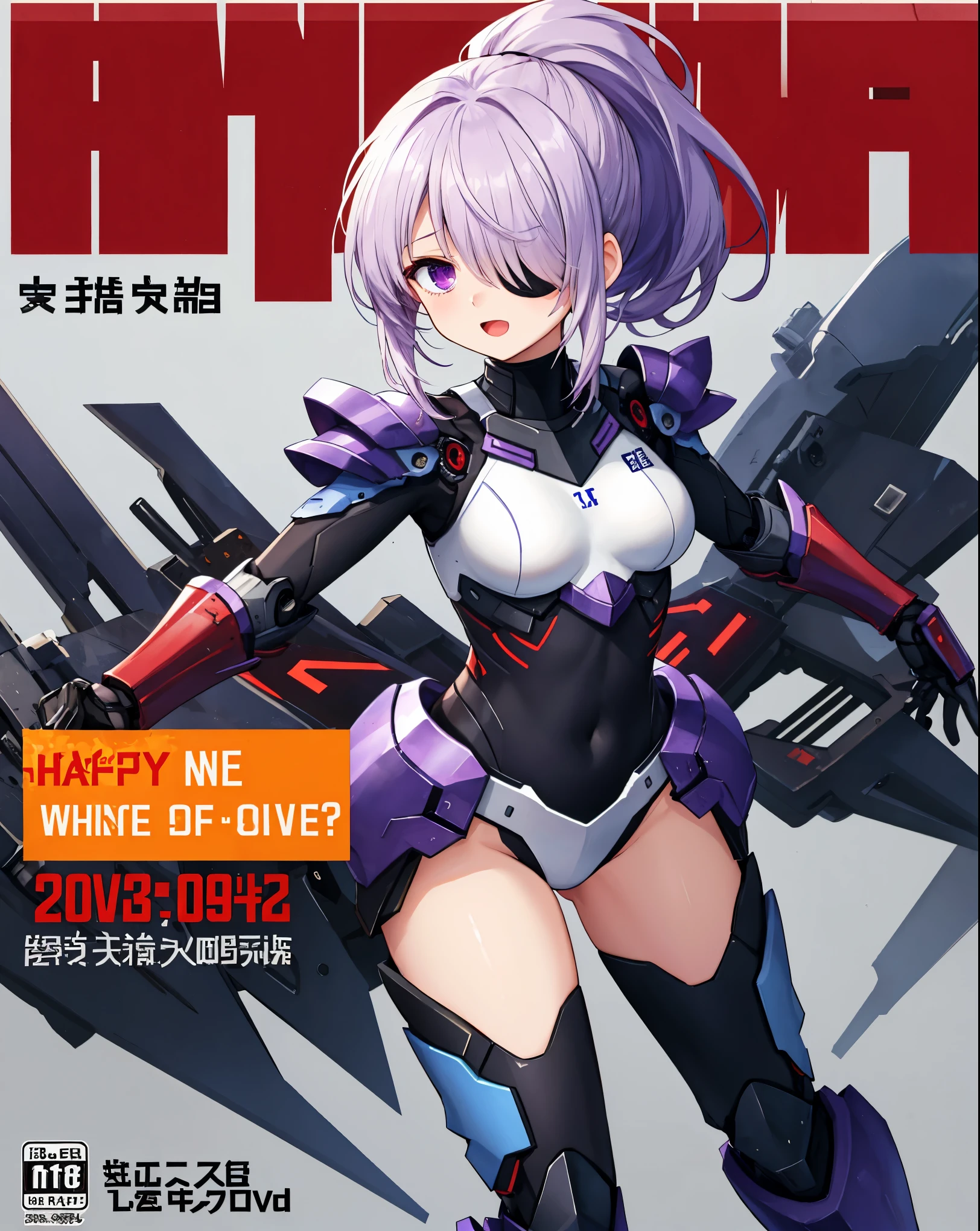 ,1girl,(:1.5), (short_ponytail:1.3), (light_whitish_purple_hair:1.3),black_mechanical_armor,white_breasts_parts_red_black_body_suit,bare_shoulder,bare_slender_thighs,medium_breasts,city_background,Stinging_eyes,sleepy,thighhigh_greaves,gauntlets,dynamic_posing,bare_frank,metal_red_parts_armor,red_eye,solo,
fists,hold_weapon,glare,navel,large_mechanical_parts,happy,waist_armor,open_mouth,rise_legs,apart_legs, (covered_navel:1.3),(very_long_bangs:1.3), (hair_over_one_eye:1.5),(long_bang_covers_right_half_of_face:1.5),
(covered_pussy:1.1),covered_breasts,fighting,