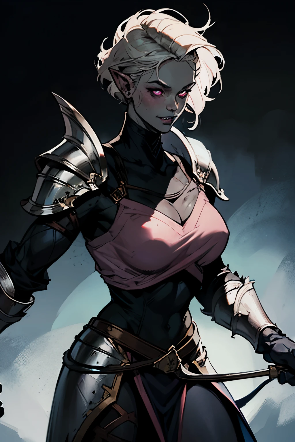 Pale skin, the blue skin, Patchy skin, prominent veins, dark veins, gray hair, circles under the eyes, pink eyes, woman, warrior, armor, Broad smile, Sharp teeth, Black Armor, heavy armor, closed clothing, Pointed ears, dark background ((Best quality))