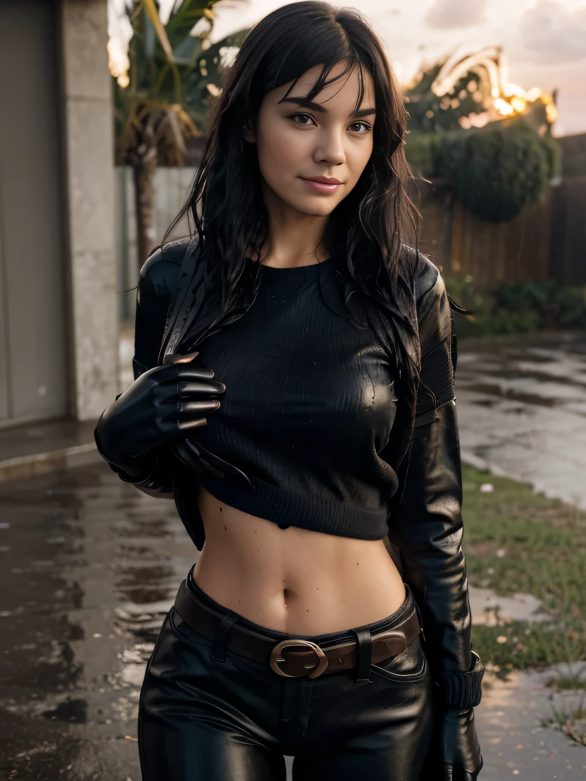 Foreground: a gorgeous soaked Bettie page, age 18, wet wavy black in the wind. she's a men magazine model, She has a subtle smile and flirts with the camera, (she wears completly soaked casual shirt , black gloves, with a long wool sweater and leather pants with big belt:1.2),background gorgeous modern bedroom, heavy rain and rainstorm, strong wind,(in sunset light:1.2), perfect eyes, perfect hands, perfect body, perfect hair, perfect breast, hair behind ear, UHD, retina, masterpiece, accurate, anatomically correct, textured skin, super detail, high details, high quality, award winning, best quality, highres, 16k, 8k,