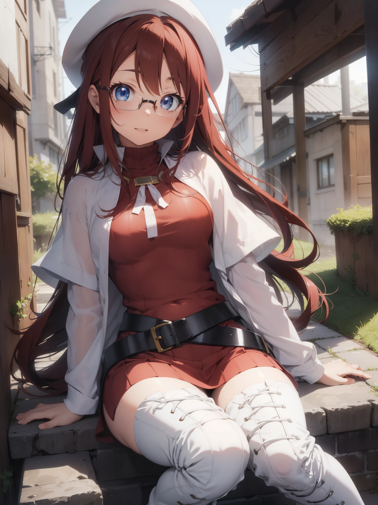 summonnightaty, aty, long hair, blue eyes, red hair, beret, hat, glasses,
BREAK long hair, thighhighs, hat, dress, boots, glasses, belt, cape, sweater, zettai ryouiki, beret, thigh boots, white footwear, ribbed sweater, loose belt,solo,
BREAK outdoors, fantasy_town,
BREAK (masterpiece:1.2), best quality, high resolution, unity 8k wallpaper, (illustration:0.8), (beautiful detailed eyes:1.6), extremely detailed face, perfect lighting, extremely detailed CG, (perfect hands, perfect anatomy),covered_nipples,covered_navel,light_smile ,walking,(half_eyes:1.2),light_open_mouth,sword,armpit,sleepy,sitting_on_the_barrel,barrel,red_sweater,