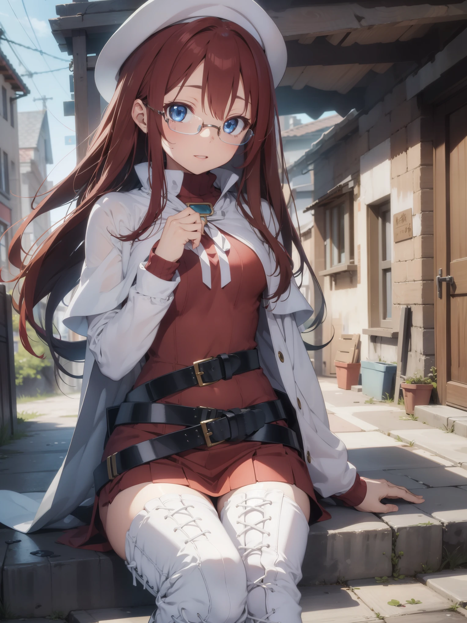 summonnightaty, aty, long hair, blue eyes, red hair, beret, hat, glasses,
BREAK long hair, thighhighs, hat, dress, boots, glasses, belt, cape, sweater, zettai ryouiki, beret, thigh boots, white footwear, ribbed sweater, loose belt,solo,
BREAK outdoors, fantasy_town,
BREAK (masterpiece:1.2), best quality, high resolution, unity 8k wallpaper, (illustration:0.8), (beautiful detailed eyes:1.6), extremely detailed face, perfect lighting, extremely detailed CG, (perfect hands, perfect anatomy),covered_nipples,covered_navel,light_smile ,walking,(half_eyes:1.2),light_open_mouth,sword,armpit,sleepy,sitting_on_the_barrel,barrel,red_sweater,