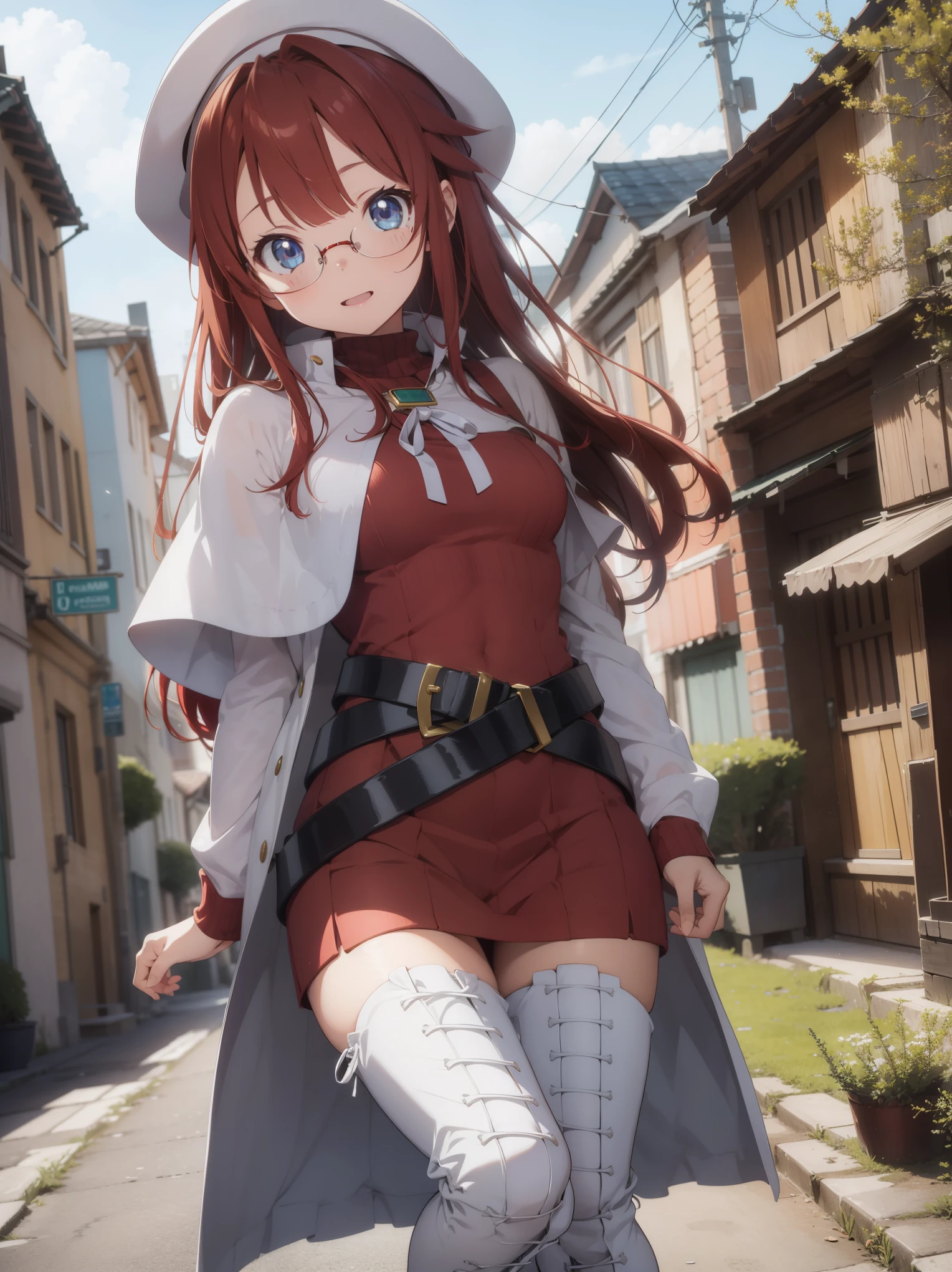 summonnightaty, aty, long hair, blue eyes, red hair, beret, hat, glasses,
BREAK long hair, thighhighs, hat, dress, boots, glasses, belt, cape, sweater, zettai ryouiki, beret, thigh boots, white footwear, ribbed sweater, loose belt,solo,
BREAK outdoors, fantasy_town,
BREAK (masterpiece:1.2), best quality, high resolution, unity 8k wallpaper, (illustration:0.8), (beautiful detailed eyes:1.6), extremely detailed face, perfect lighting, extremely detailed CG, (perfect hands, perfect anatomy),covered_nipples,covered_navel,light_smile ,walking,(half_eyes:1.2),light_open_mouth,sword,armpit,sleepy,sitting_on_the_barrel,barrel,red_sweater,