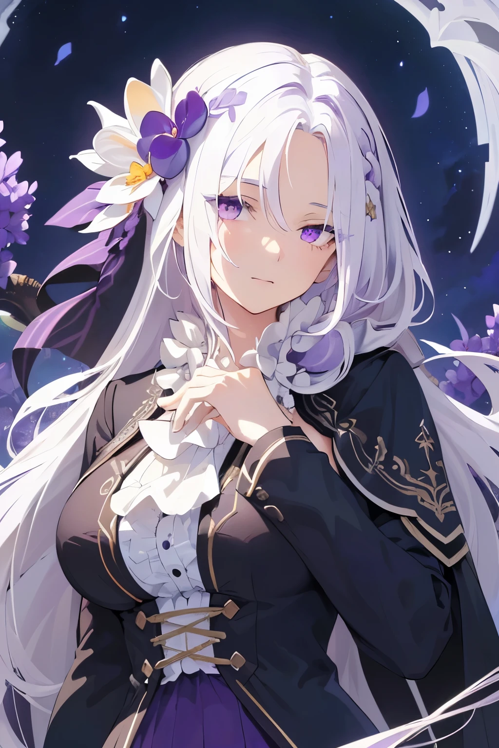 (best quality:1.3), (masterpiece:1.3), (illustration:1.3), (ultra-detailed:1.3), 1girl, (((large breasts))), ((((purple eyes))), (((white hair))), hair ornaments, tall, mature, (((long hair))), upper body, black suit, ascot, cloak, long sleeves, skirt, dressaug, hair between eyes, purple flowers, looking at viewer, hair ornament, night sky, glowing purple flowers, french braids, nice hands, perfect hands, white shirt,