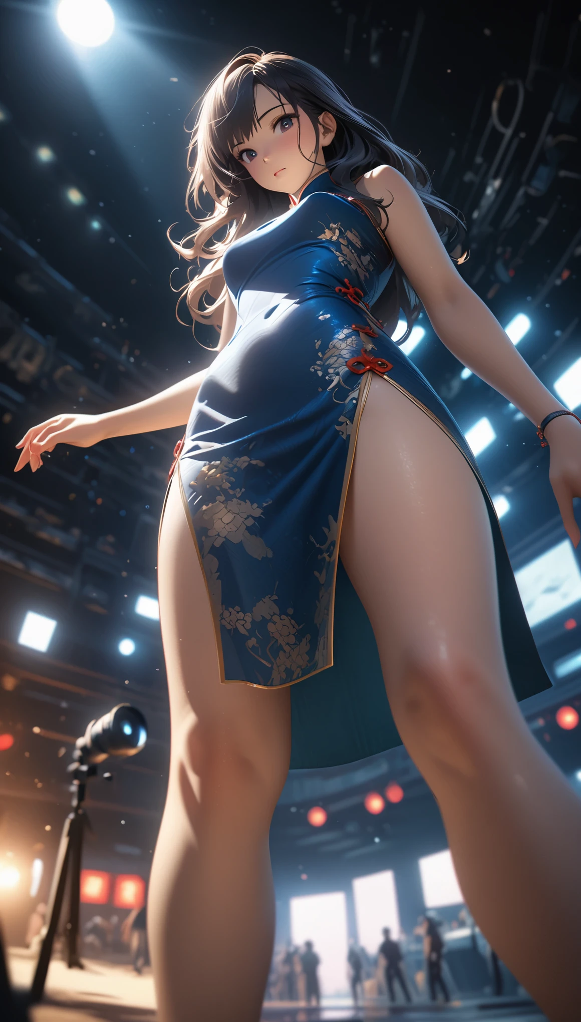 Cheongsam girl，long hair，pure white background，depth of field，low angle view，calf level view，Overclocked renderer，movie lighting，Ultra-fine，super detailed，complicated，cinematic perspective，CG art，