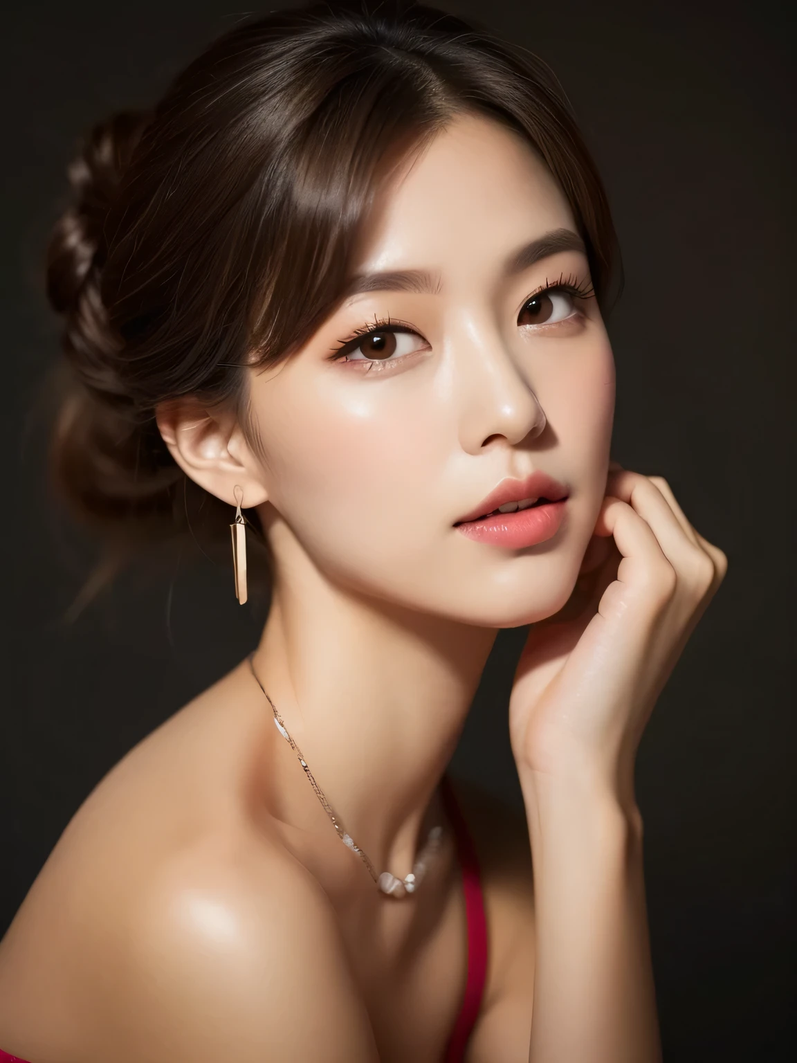 Supple body :1.3, model body shape:1.5, 頭w:1.4, perfect style:1.4,
narrow shoulders, beautiful clavicle, long and thin legs, The beauty of slim abs :1.2, thin waist :1.2,
super detailed skin, Fair skin, Shiny skin,
super detailed face, slim facial contour, beautiful small face, Beautiful lined nose,
super detailed eyes, long slit eyes, brown eyes, double eyelid, beautiful thin eyebrows, fine long eyelashes,
super detailed lips, plump lips, glossy pink lips, flushed cheeks, beautiful teeth,
Beautiful actress's ennui makeup, pink lipstick, silver necklace, earrings,
light brown hair, delicate soft hair,
(hair up, short hair, ponytail :1.2), layer cut, (dull bangs:1.2),
(Dress up with trendy fashion:1.2),
gentle smile, open mouth half way, Enchanted expression, stare at the camera,
(Full body image from the waist), dynamic lighting, ((Hasselblad Photos)),