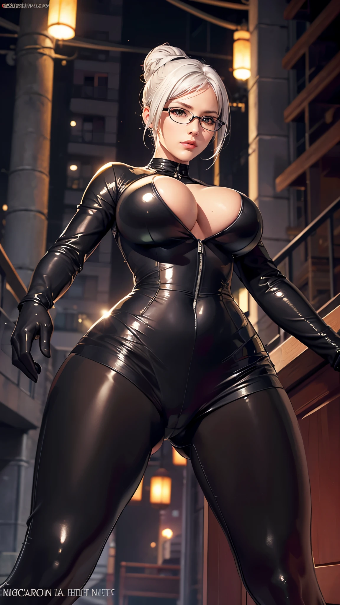 （（（完美figure，figure，black bodysuit, （（（shiraki meiko，hair bun, glasses，White hair，）））型figure:1.7））），((masterpiece)),high resolution, ((Best quality at best))，masterpiece，quality，Best quality，（（（ Exquisite facial features，looking at the audience,There is light in the eyes，Happy，lol））），（（（Interlacing of light and shadow，huge boobs））），（（（looking into camera，thigh sex,grabbing own breast,sex from behind,from below)）））