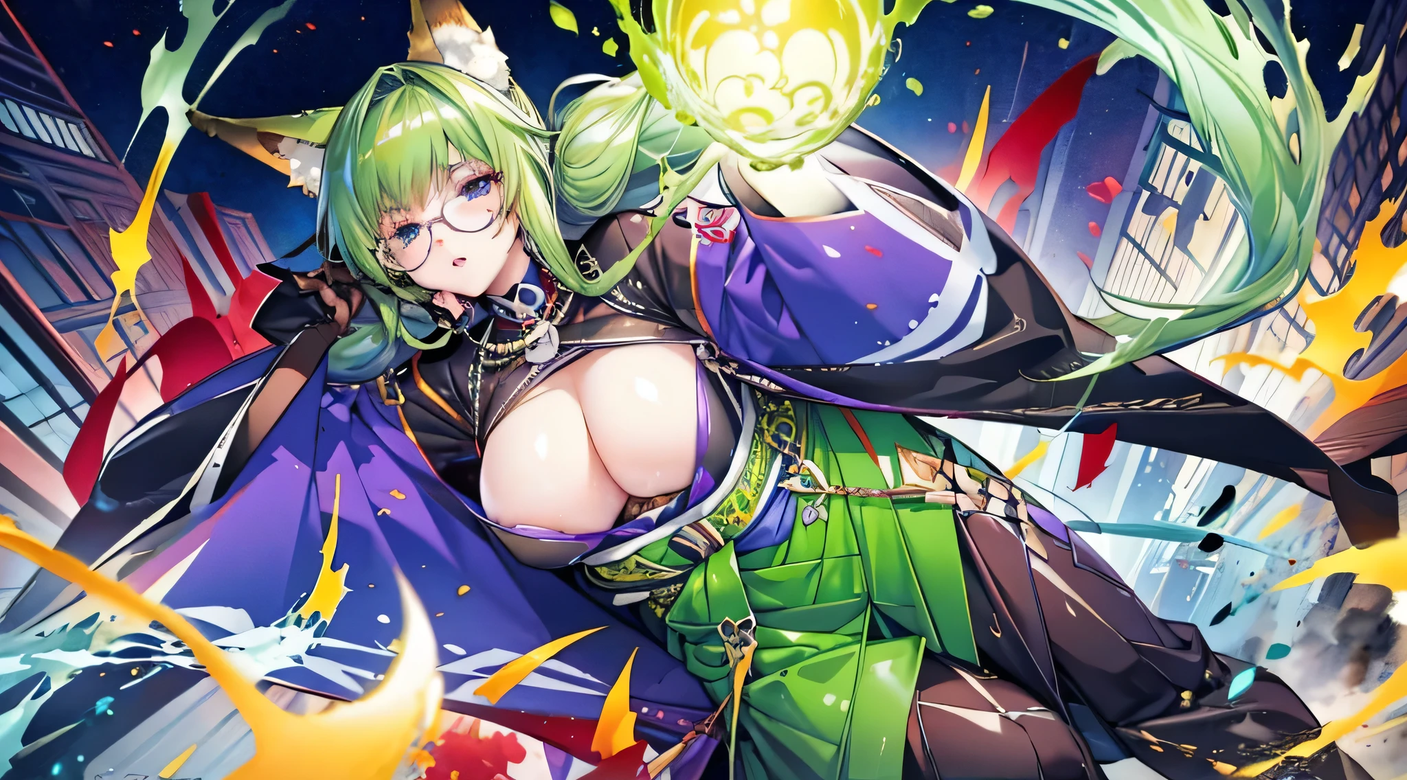 masterpiece、highest quality、NSFW、1girl , solo , huge 、deep cleavaggreen hair、ponytail、fox ears、brightly colored eyes、blue eyes、black glasses、green kimono、light purple long hakama、brown leather jacket、leather boots、flashy necklace、charm、Wet、face turns red, very sweaty, dynamic pose