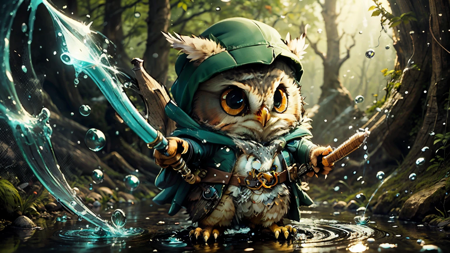cute cartoon, 1 fantasy rogue owl, making a large pencil-shaped water drops magic attack, wide-angle shot, overhead shot , far away, (away from camera), full body, forest