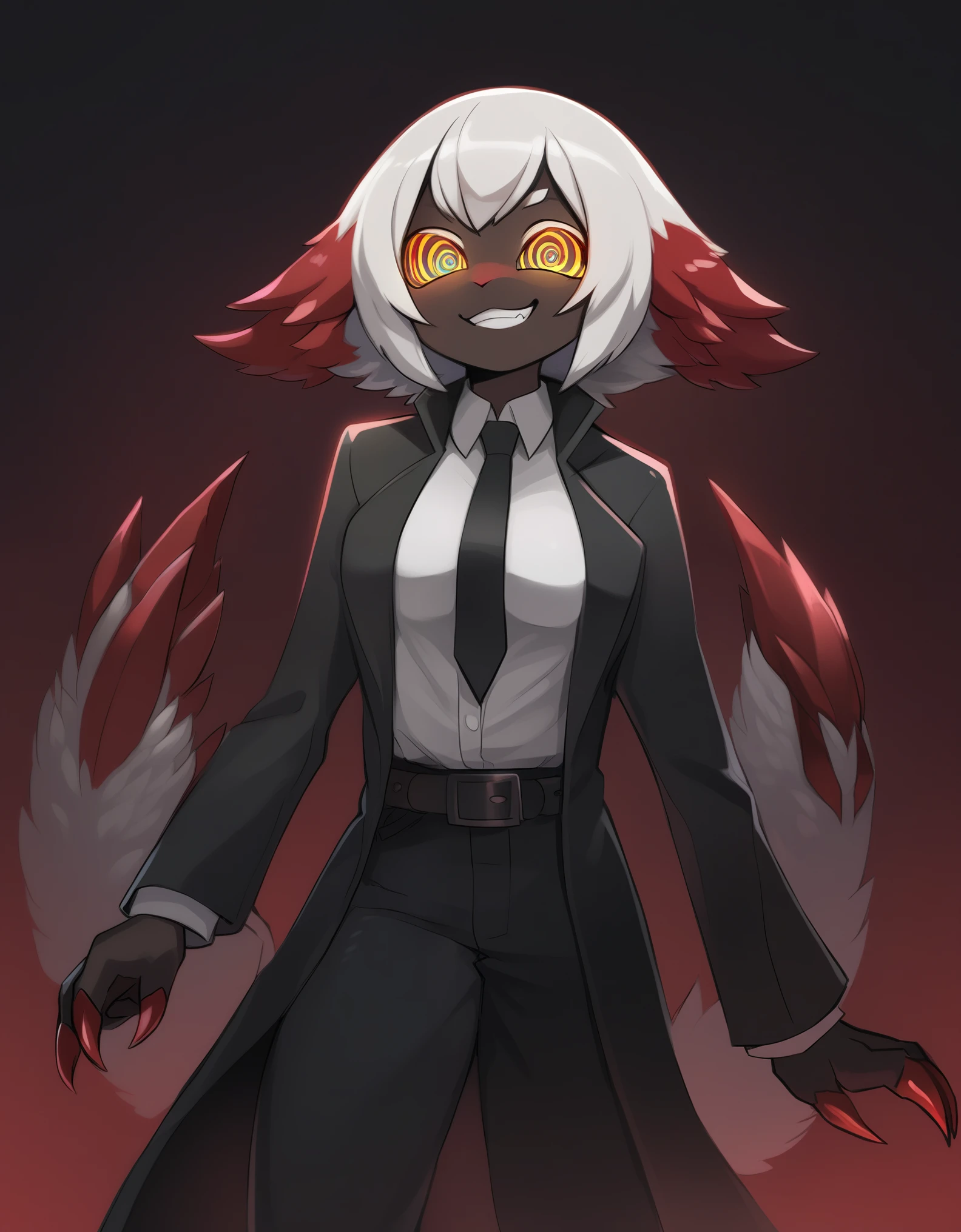 Faputa, 1girl, dark skin, dark-skinned girl, white hair, short hair, 4arms, red claws, multiple tails, yellow eyes, yawning, white fur, animal ears, smug, medium breasts, black coat, long coat, open coat, white shirt, black necktie, black pants, belt, dark background, creepy, horror \(theme\), grain, red background, smile, looking at viewer, ((ringed eyes)), glowing eyes, dark theme, low light,, 