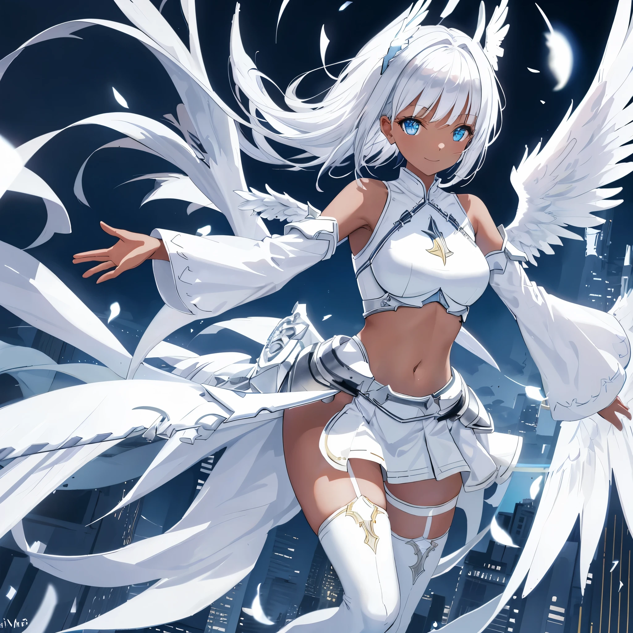 fantasy, 1angel_girl, low_teen, white_medium_bob_hair,long_bangs, (dark_skin)+, bare_shoulder, navel out, thighhighs,silver_shiny_armor, white_clothes,waist_armor, Glebe, hold_shiny_swords, medium_breasts,, dynamic_pose_fighting,Floating, (1pair_white_wings,pelvic_curtain)++, Headgear ,city_sky_background,,slightly_spread_legs, light_smile,multiple_shiny_swords_floating_around_the_girl