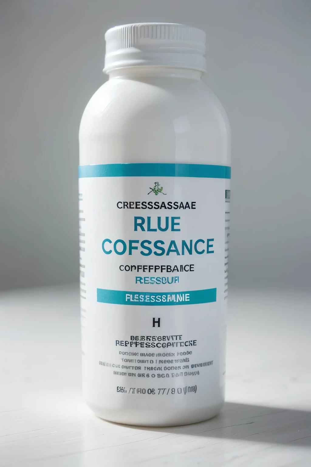 Create a visually appealing and professional label for the product 'Ressacare Plus', um suplemento para melhorar a ressaca. The color palette should convey a feeling of freshness and vitality, utilizando tons de verde, azul e branco. O estilo de letras deve ser moderno, legible and convey confidence and effectiveness. Imagine that 'Ressacare Plus' is a premium product, reliable and effective for relieving the effects of hangovers after parties and social events."
