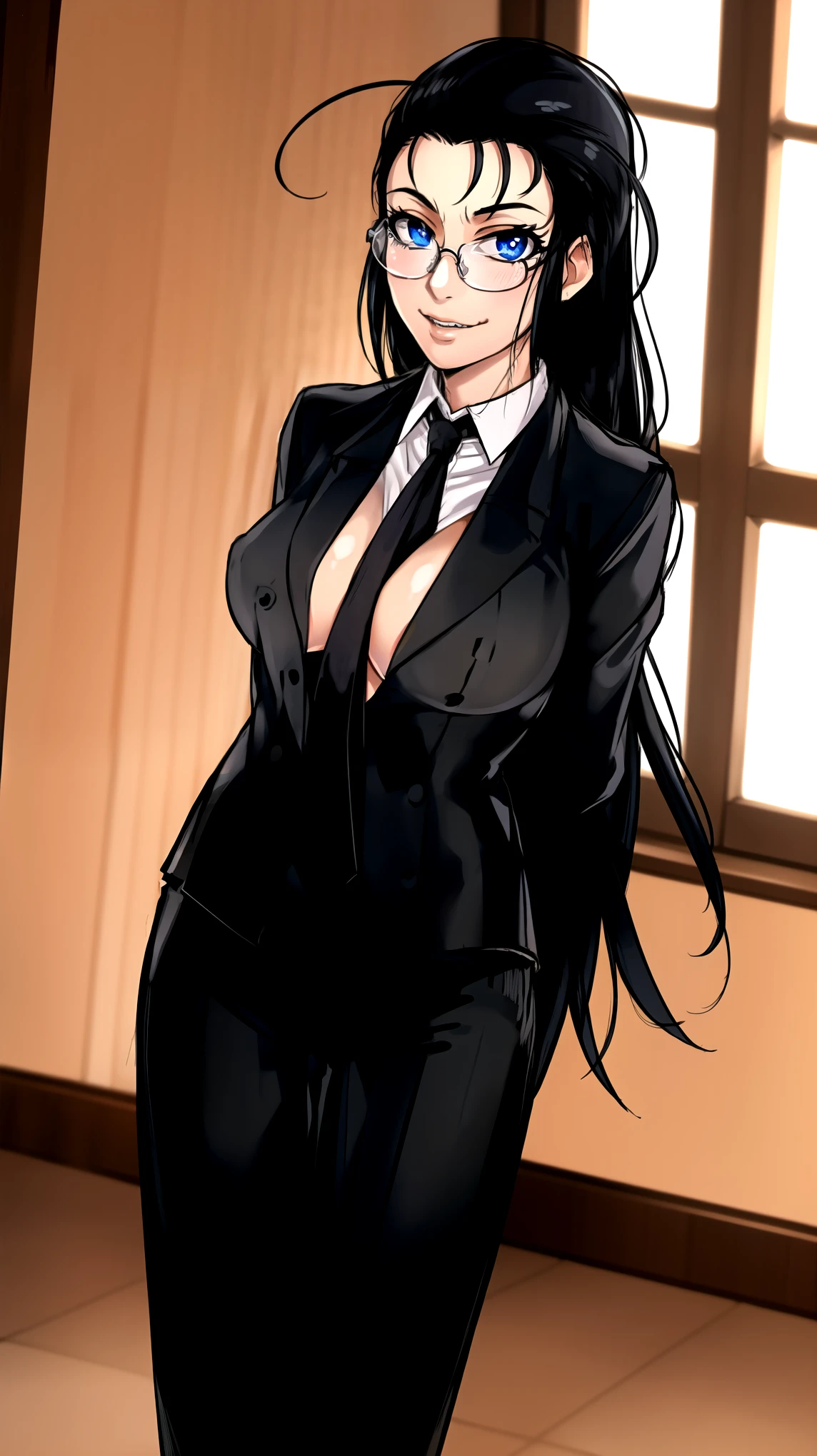 masterpiece, best quality, 1girl, solo, vanwinkle, standing,  female focus, blue eyes, messy hair, suit, glasses, necktie, big breasts, teeth, [[closed mouth]], formal, smug, simple background, pants, ((arms behind back), looking at viewer, indoors, standing, closeup,  boob window, large breasts, face focus, closeup shot, black tuxedo suit