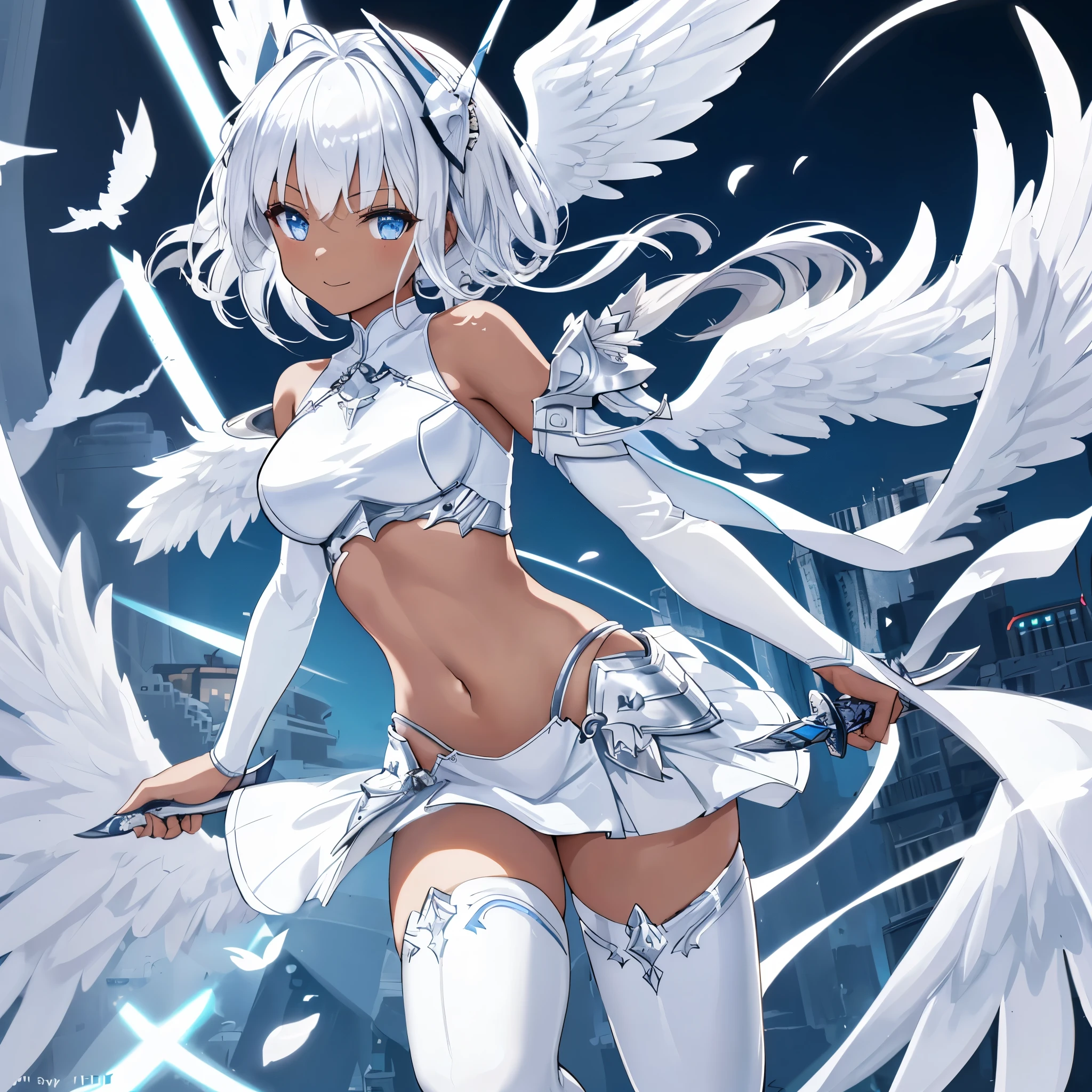 fantasy, 1angel_girl, low_teen, white_medium_bob_hair,long_bangs, (dark_skin)+, bare_shoulder, navel out, thighhighs,silver_shiny_armor, white_clothes,waist_armor, Glebe, hold_shiny_swords, medium_breasts,, dynamic_pose_fighting,Floating, (1pair_white_wings,pelvic_curtain)++, Headgear ,city_sky_background,,slightly_spread_legs, light_smile,multiple_shiny_swords_floating_around_the_girl