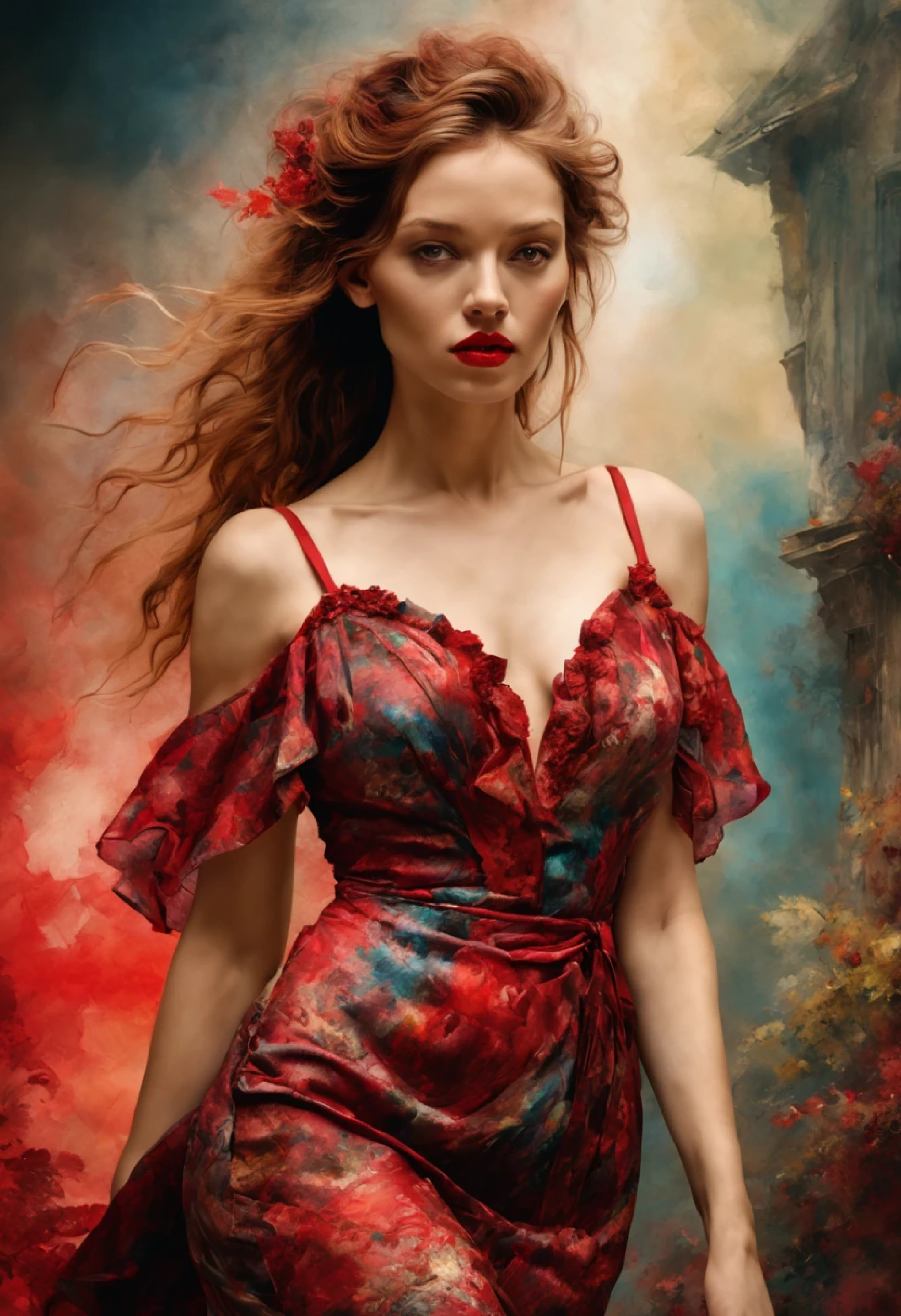 arte de Gustave Moreau, Thomas Kinkade, Alberto Seveso, Melanie Delon,
Paul Gauguin, Pedro Paulo Rubens, Carne Griffiths, mulher, Extremamente realista,
batom vermelho, vestido estampado, cotton fabric dress, alta qualidade de imagem,
alcohol ink, obra de arte, detalhado, nitidez, detalhado background, dramatic light, 8k