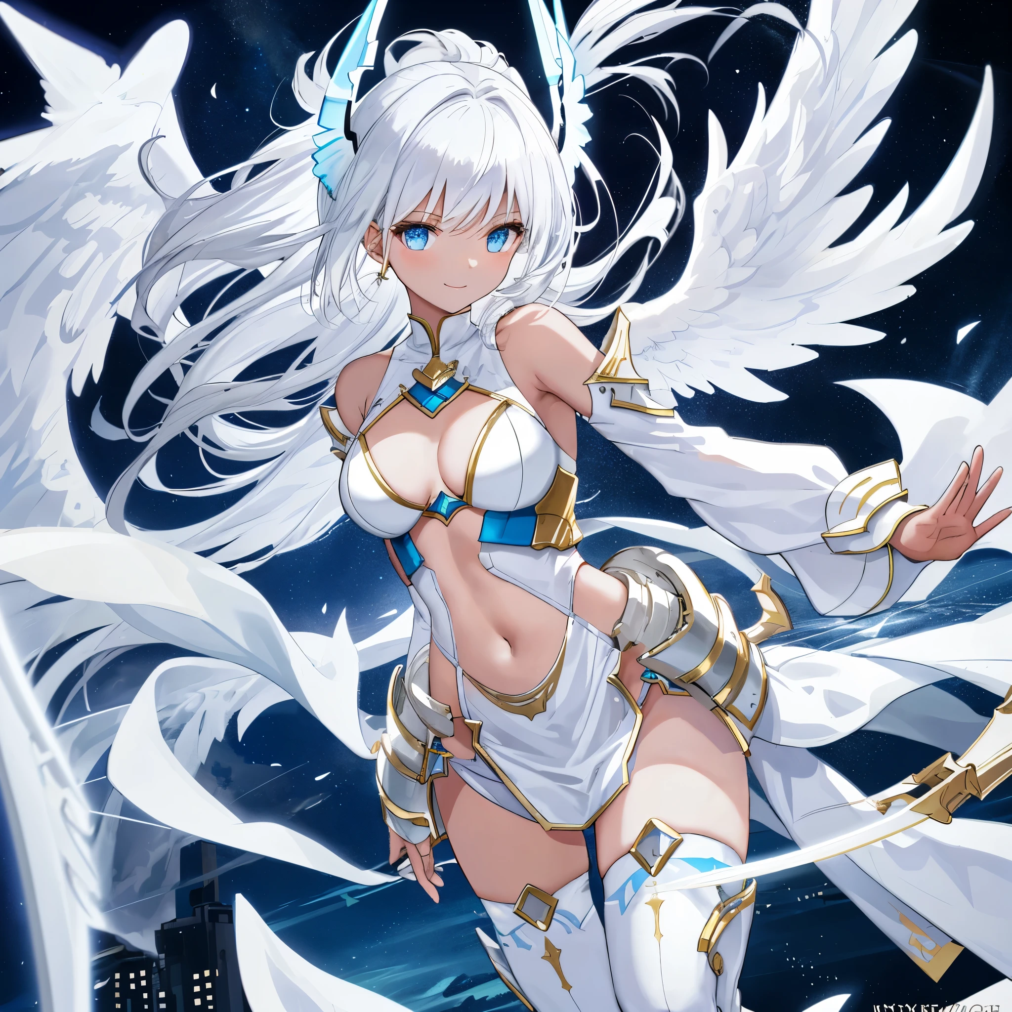 fantasy, 1angel_girl, low_, white_medium_bob_hair,long_bangs, (dark_skin)+, bare_shoulder, navel out, thighhighs,silver_shiny_armor, white_clothes,waist_armor, Glebe, hold_shiny_swords, medium_breasts,, dynamic_pose_fighting,Floating, (1pair_white_wings,pelvic_curtain)++, Headgear ,city_sky_background,,slightly_spread_legs, light_smile,multiple_shiny_swords_floating_around_the_girl