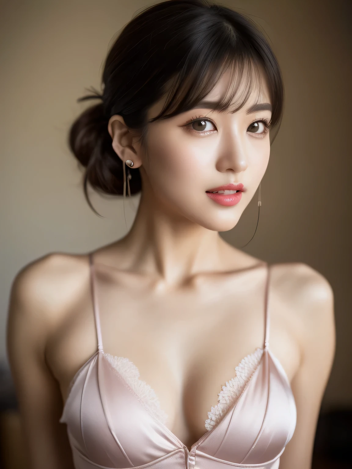 ((highest quality, 8K, masterpiece :1.3)), (realistic, Photoreal:1.4), sharp focus：1.2, 
Bright colors, professional level, shallow depth of field, 
20-year-old, 1 person, A beautiful face with intelligence, 
Supple body :1.3, model body shape:1.5, 頭w:1.4, perfect style：1.4, 
narrow shoulders, beautiful clavicle, long and thin legs, The beauty of slim abs :1.2, thin waist :1.2, 
super detailed skin, Fair skin, Shiny skin, 
super detailed face, slim facial contour, beautiful small face, Beautiful lined nose, 
super detailed eyes, long slit eyes, brown eyes, double eyelid, beautiful thin eyebrows, fine long eyelashes, 
super detailed lips, plump lips, glossy pink lips, flushed cheeks, beautiful teeth, 
Beautiful actress&#39;s ennui makeup, pink lipstick, silver necklace, earrings, 
light brown hair, delicate soft hair, 
(hair up, short hair, ponytail :1.2), layer cut, (dull bangs:1.2), 
(Dress up with trendy fashion:1.2), 
gentle smile, open mouth half way, Enchanted expression, stare at the camera, 
dynamic lighting, ((Hasselblad Photos)), 

((She is completely naked and wearing a tight satin camisole., Black lace on chest and hem:1.2)), 
(perfect breast shape, B cup:1.2), A small pink areola, 
She has a cute plump butt, My thighs are dazzling, 
(View from the front, Pay attention to the base of your thighs:1.2), 
