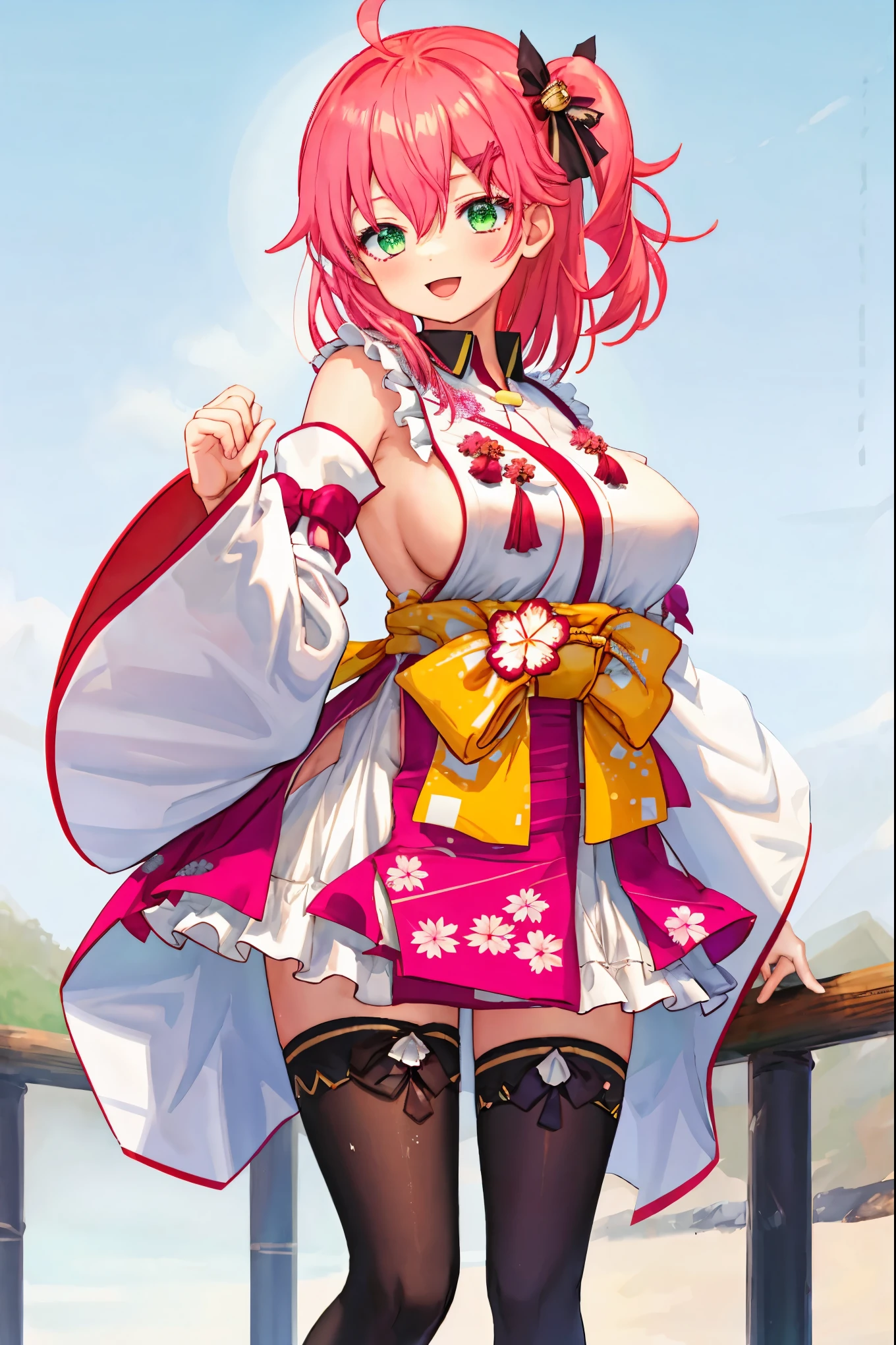 masterpiece, best quality, highres, miko1, sakura_miko, 1girl, green eyes, solo, ahoge, x_hair_ornament, pink_hair, floral print, hairclip,side_less_clothes, (sideboobs:1.4), hair_bell, floral print, long_hair, hair between eyes, one side up, white thighhighs, asymmetrical legwear, wide sleeves, open_mouth,happy,close_eyes, smile,jumping,rising_leg,plump,apart_legs,(overly_long_sleeves:1.1),(beautiful_fingers),sleeves_past_wrists,hands_hidden_sleeves,Japanese_park_background,