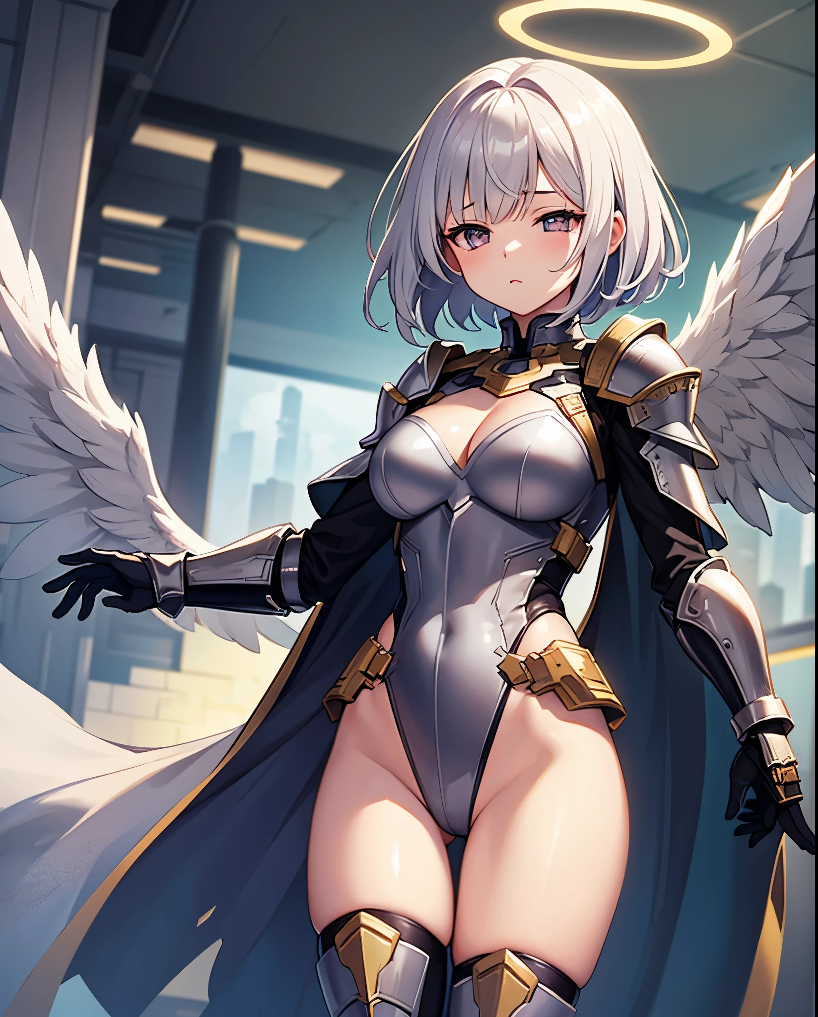 fantasy, 1angel_girl,_teen,lver_hair, short_hair, long_bangs, halo,bare_shoulder,thighhighs,silver_armor, waist_armor, large_breasts,sleepy,half_eyes,1pair_wings, dynamic_pose_fighting,floating, bare_crotch, headgear,gauntlet, greaves,city_background,slightly_spread_legs, solo, groin_naked,