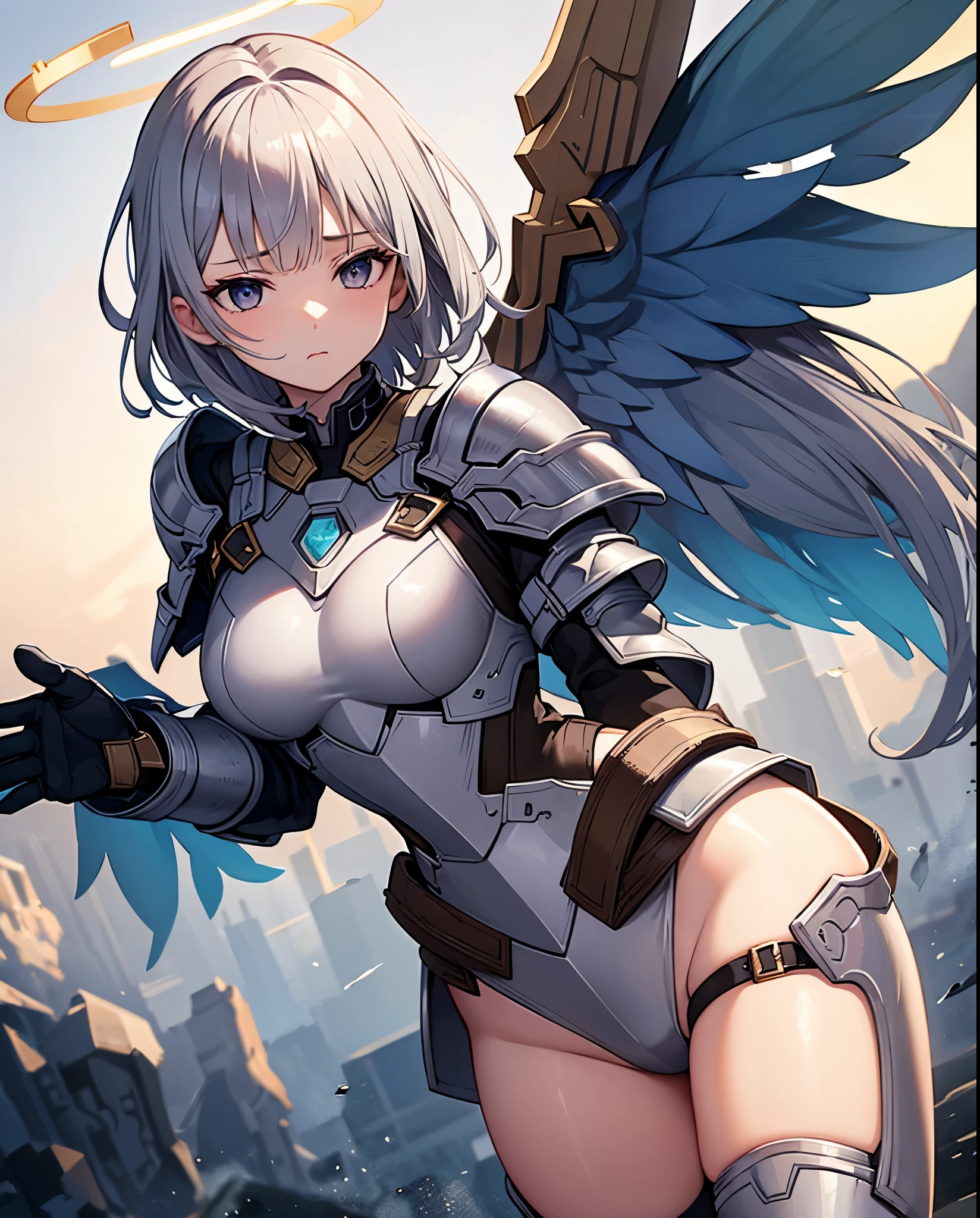 fantasy, 1angel_girl,young_teen, ,silver_hair, short_hair, long_bangs, halo,bare_shoulder,thighhighs,silver_armor, waist_armor, large_breasts,sleepy,half_eyes,1pair_wings, dynamic_pose_fighting,floating, bare_crotch, headgear,gauntlet, greaves,city_background,slightly_spread_legs, solo, groin_naked,