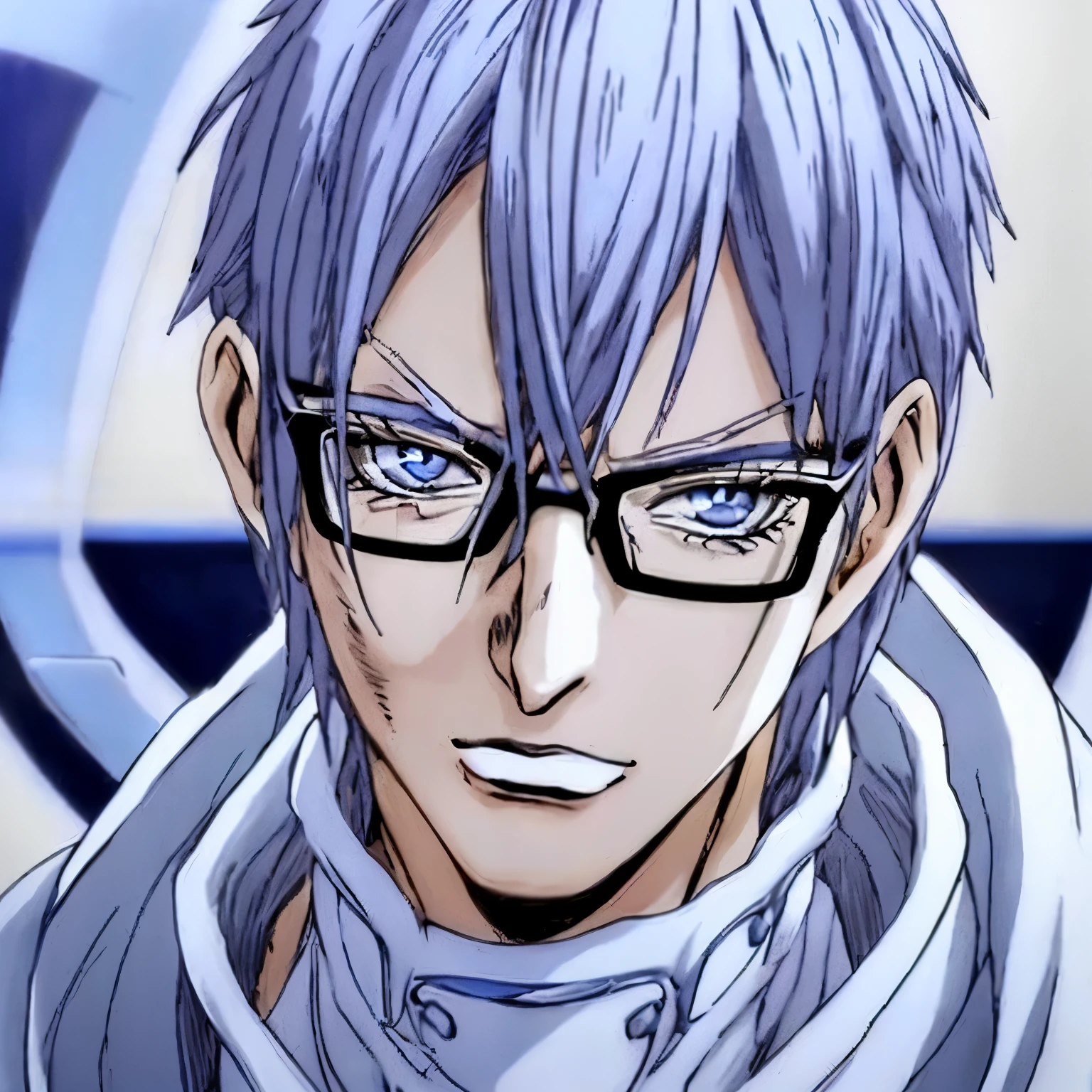 anime man with glasses and white coat, olhos azuis marinho, short icy blue hair, retrato de meio corpo, retrato de personagem darksynth, oculos nerd, alta qualidade, obra de arte, (Estilo JoJo), (estilo araki)