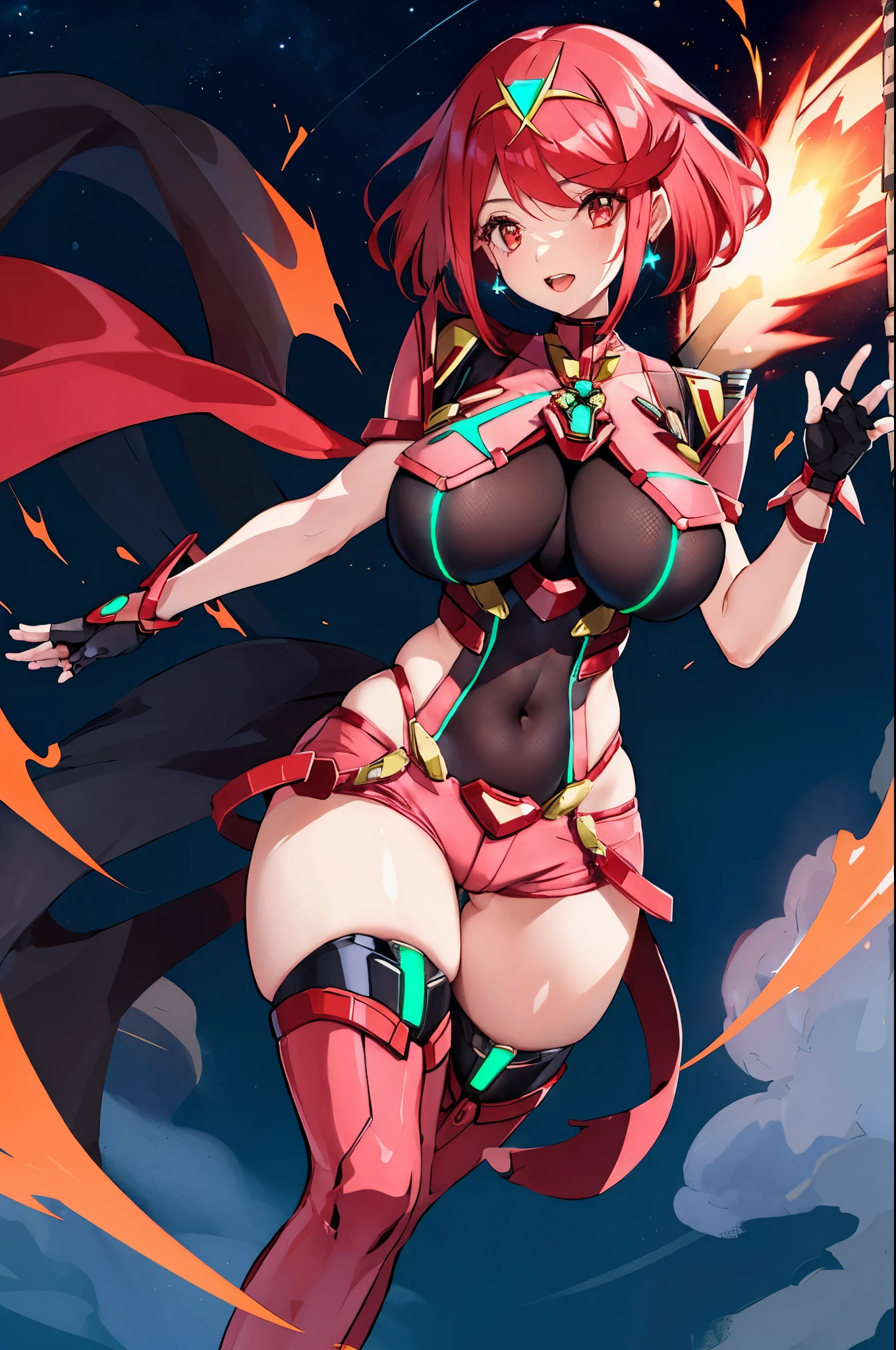 pyra \(xenoblade\), young_****_1girl, armor, bangs, black gloves, breasts, red eyes, closed mouth, earrings, eyelashes, fingerless gloves, floating hair, framed breasts, gem, gloves, hair ornament, headpiece, jewelry, big_breasts, leaning back, leotard, neon trim, official art, pose, red hair, red shorts, saitou masatsugu, short hair, short shorts, short sleeves, shorts, sidelocks, skin tight, solo, standing, swept bangs, thighhighs, tiara, night_prairie_background, turtleneck, underbust, vambraces, xenoblade chronicles \(series\), (xenoblade chronicles 2), apart_legs, fire_effect,dynamic_pose_fighting,light_smile, (plump:1.1), big_ass,huge_sword, hold_large_sword_hilt, solo, covered_nipples, covered_pussy,open_mouth,back_view,