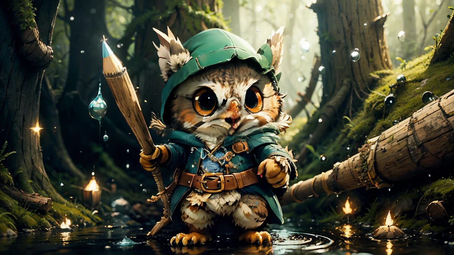 cute cartoon, 1 fantasy rogue owl, making a massive pencil-shaped water drops magic attack, wide-angle shot, overhead shot , far away, (away from camera), full body, forest