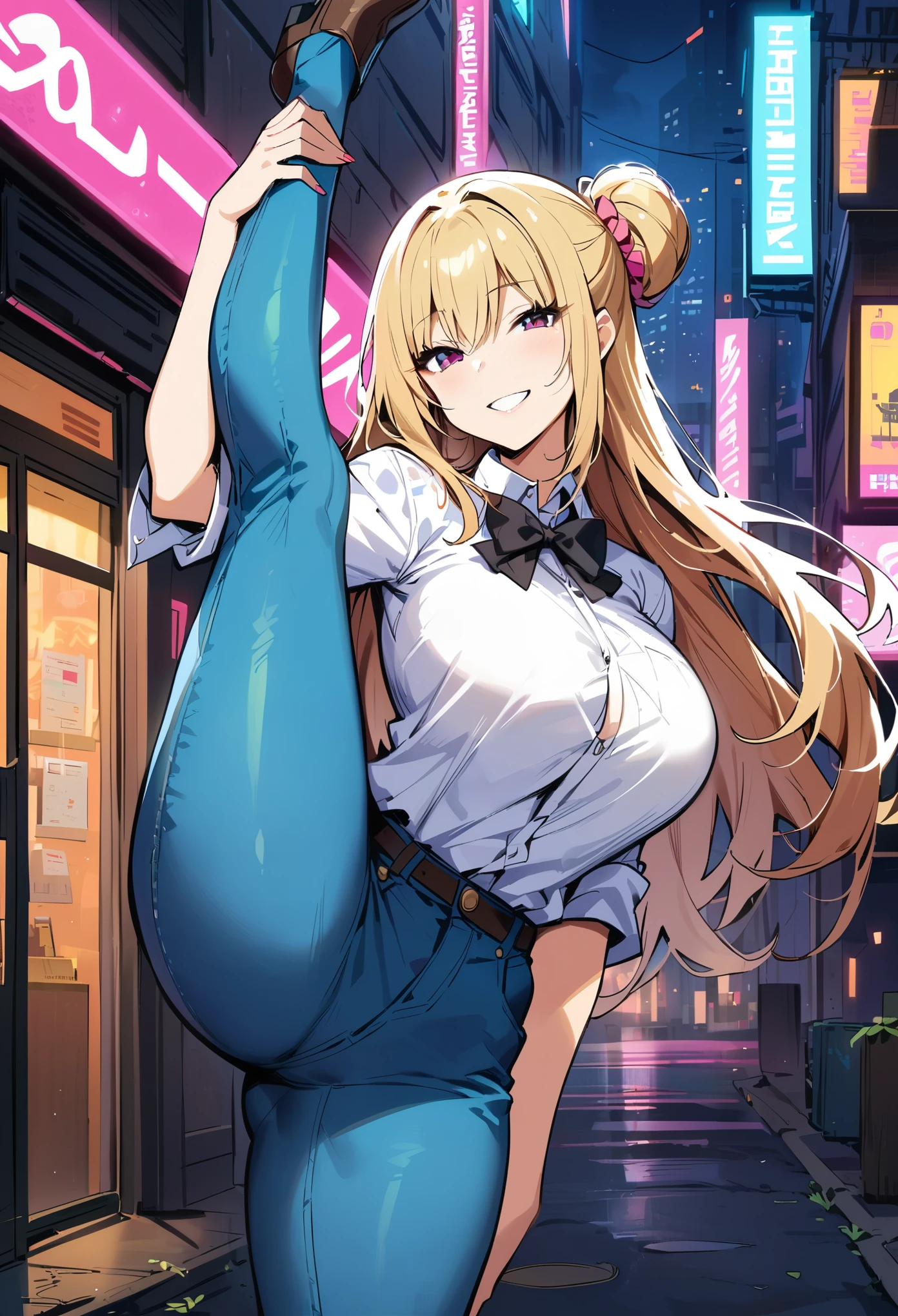 masterpiece, best quality, highres, JK,huge tit,1girl,standing_split,standing on one leg,black bow,black bowtie,blonde hair,bow,bowtie,breasts,hair bun,long hair,looking at viewer,shirt tucked in,Blue jeans, smile,tented shirt,Cyberpunk City, Street, Night, neon light, neon sign, 