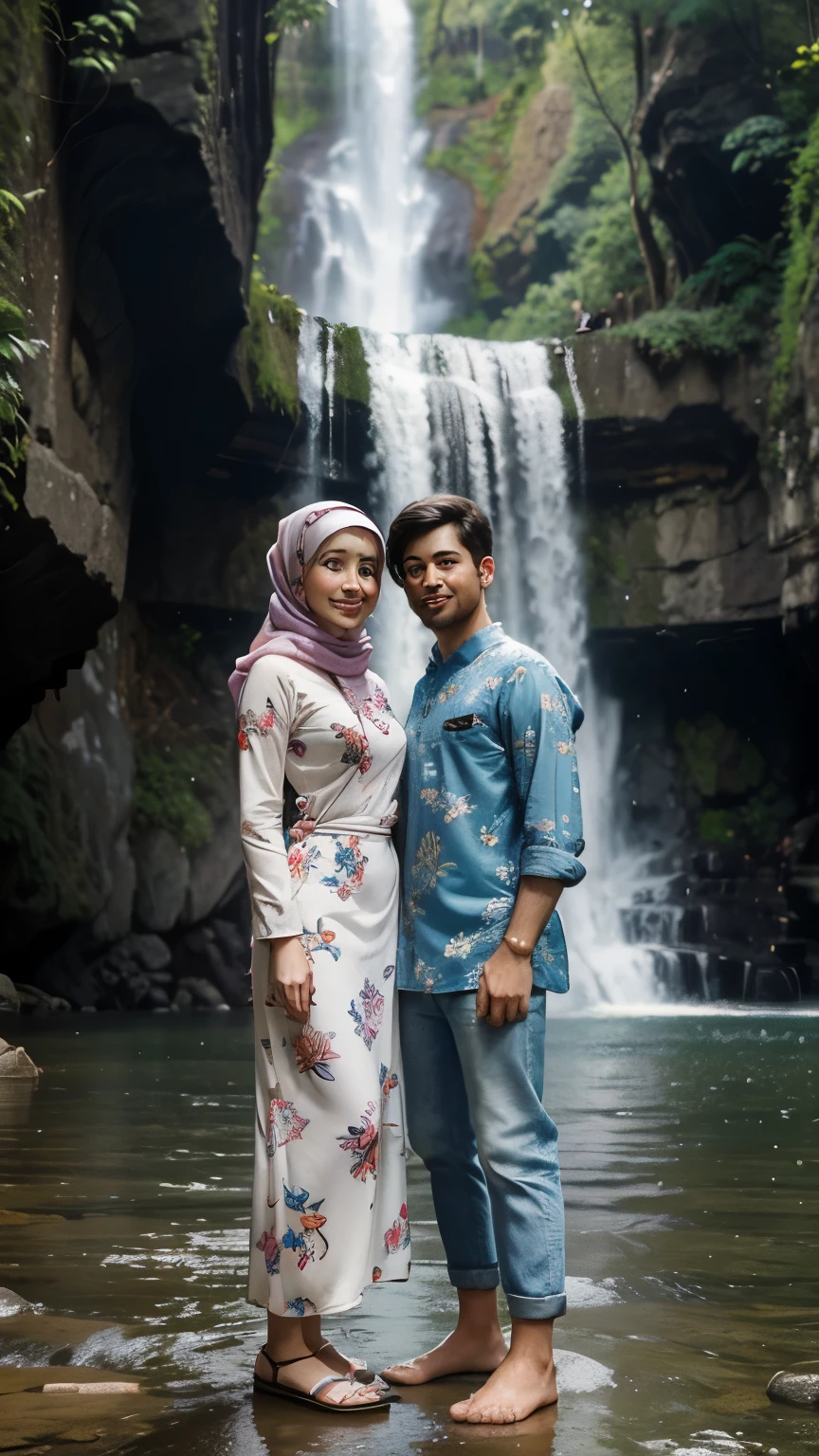 8k,3D,cartoon image, man wearing jean, and (woman wearing long flowing floral baju kurung and hijab, modest clothing) , waterfall background, cartoon art style, cute cartoon, cartoon art, in cartoon style, portrait, cartoon art digital, full body or portrait, cartoon art style, caricature illustration, caricature style, couple, cartoon digital art, realistic cartoon, happy couple, lovely couple, full portrait, cartoon portrait, cartoon style illustration, couple pose, check background. Waterfall in Flores
