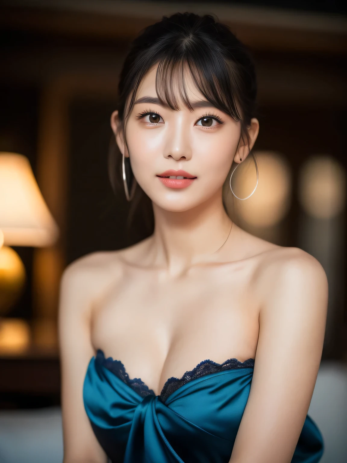 ((highest quality, 8K, masterpiece :1.3)), (realistic, Photoreal:1.4), sharp focus：1.2, 
Bright colors, professional level, shallow depth of field, 
20-year-old, 1 person, A beautiful face with intelligence, 
Supple body :1.3, model body shape:1.5, 頭w:1.4, perfect style：1.4, 
narrow shoulders, beautiful clavicle, long and thin legs, The beauty of slim abs :1.2, thin waist :1.2, 
super detailed skin, Fair skin, Shiny skin, 
super detailed face, slim facial contour, beautiful small face, Beautiful lined nose, 
super detailed eyes, long slit eyes, brown eyes, double eyelid, beautiful thin eyebrows, fine long eyelashes, 
super detailed lips, plump lips, glossy pink lips, flushed cheeks, beautiful teeth, 
Beautiful actress&#39;s ennui makeup, pink lipstick, silver necklace, earrings, 
light brown hair, delicate soft hair, 
(hair up, short hair, ponytail :1.2), layer cut, (dull bangs:1.2), 
(Dress up with trendy fashion:1.2), 
gentle smile, open mouth half way, Enchanted expression, stare at the camera, 
dynamic lighting, ((Hasselblad Photos)), 

((She is completely naked and wearing a tight navy blue satin camisole., Black lace on chest and hem:1.2)), 
(perfect breast shape, B cup:1.2), A small pink areola, 
She has a cute plump butt, My thighs are dazzling, 
(View from the front, Pay attention to the base of your thighs:1.2), 

blue sky and aegean sea, sea beach, The horizon of the ocean spreading out in the background, 
Posing with palms like a , spreading my legs, 
cinematic lighting, midsummer rays, Bright light shining all over, 