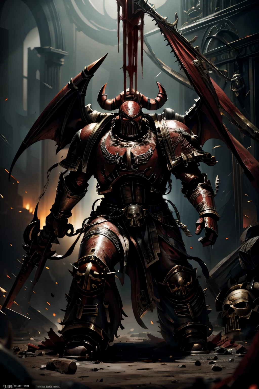 1 angron, full body, khorne, Khorne_World, berzerker, red armor, faceless, demon berserker, chaos marine, hyper detailed, angry, clawed hands, blood on clothes, blood on helmet, fangs, stout limbs, demon wings, flying, devil, skulls, chains, spikes, skull pauldron, torn clothes, brass trimming, chaos, warhammer fantasy art, white background