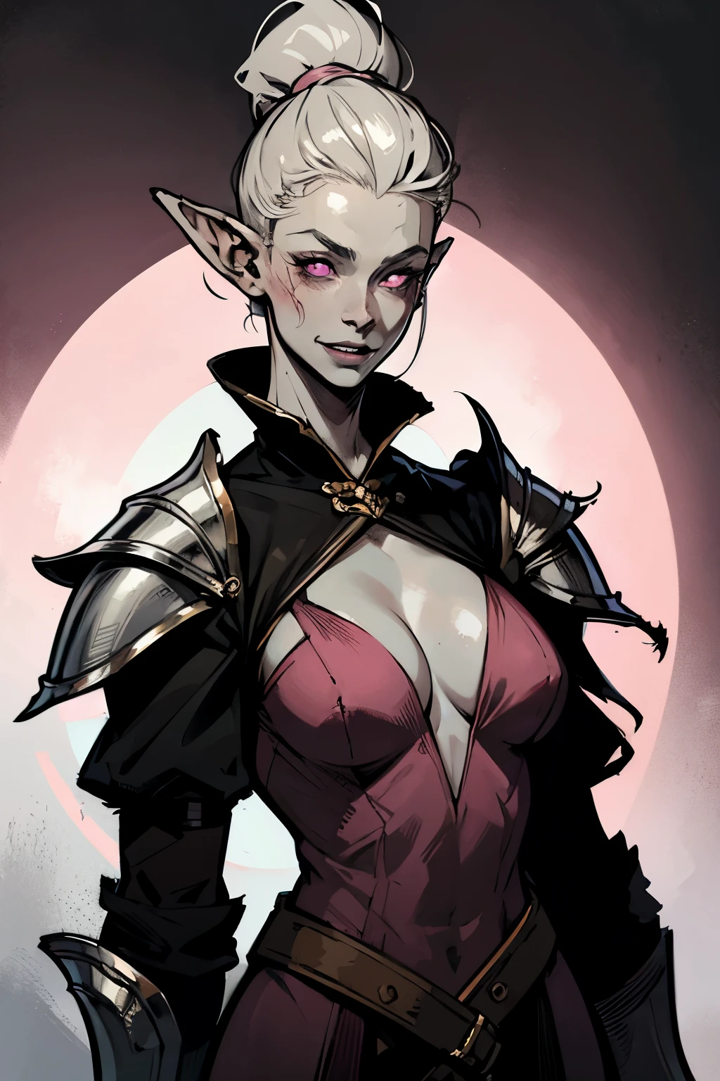 Pale skin, Patchy skin, prominent veins, dark veins, gray hair, circles under the eyes, pink eyes, woman, warrior, armor, Broad smile, Sharp teeth, closed clothing, Pointed ears, dark background ((Best quality))