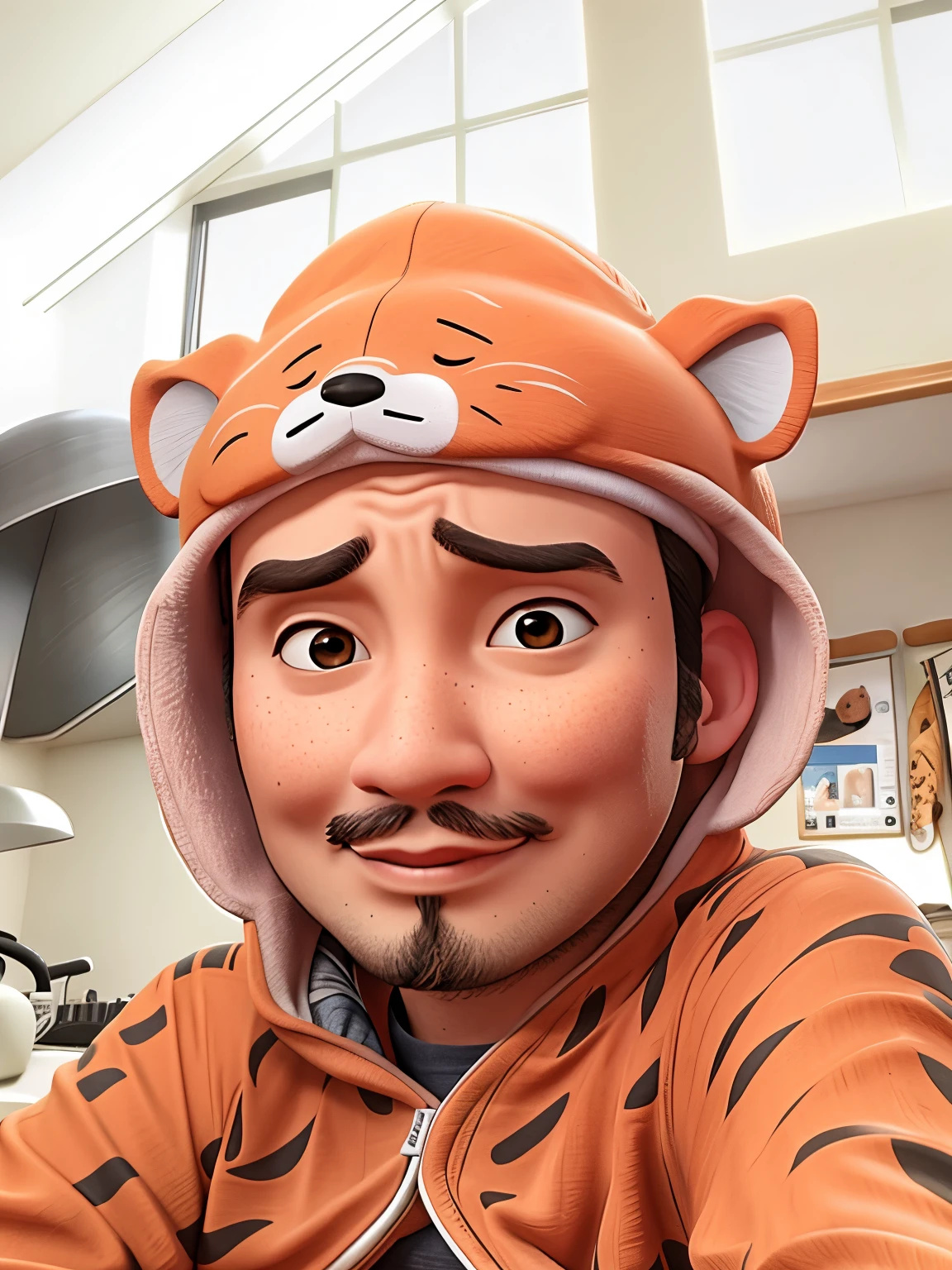 solo, looking at viewer, 1boy, hat, closed mouth, male focus, indoors, cosplay, window, facial hair, animal print, realistic