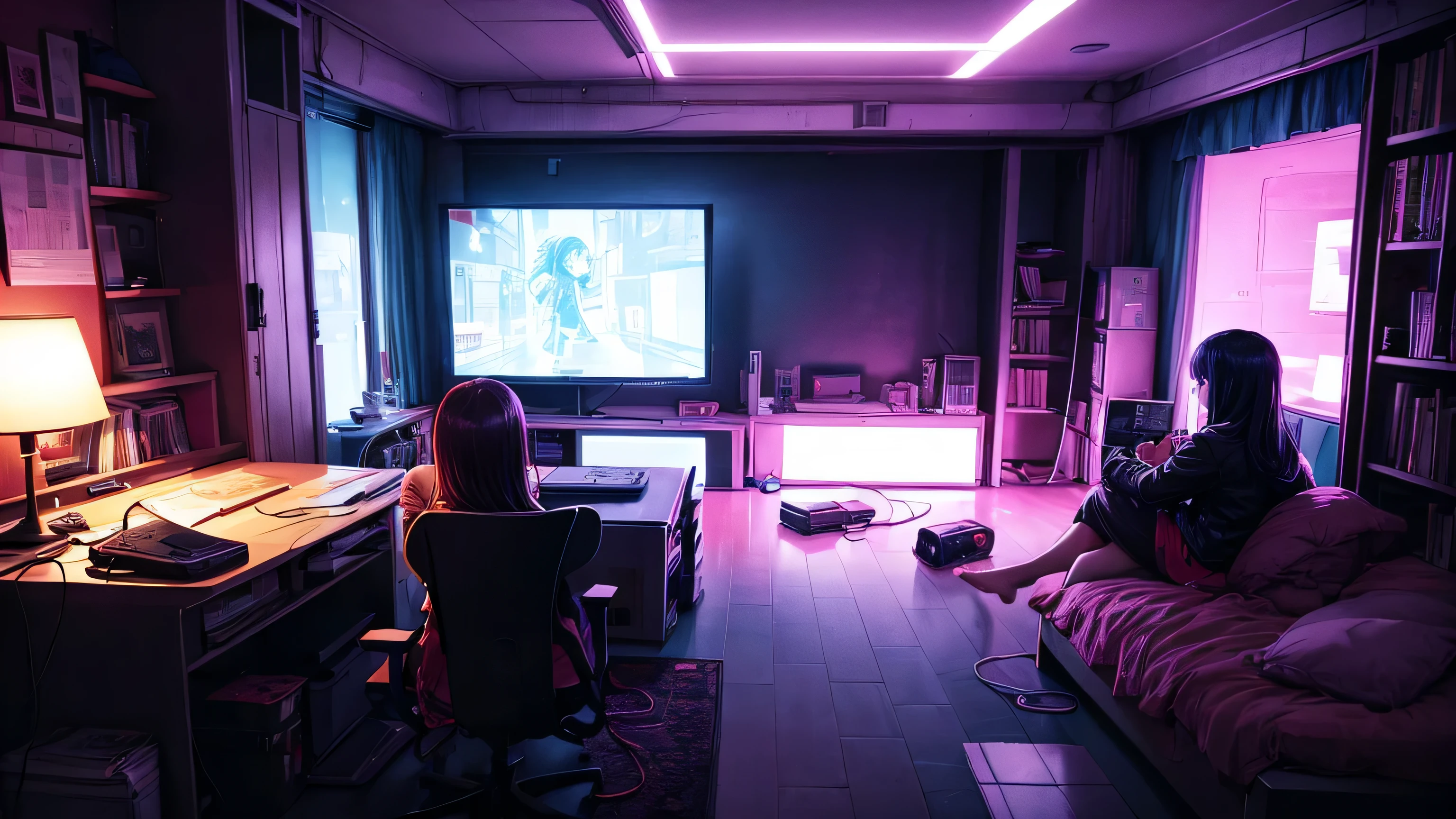 There is a girl sitting on the bed in the room and playing video games, big tv, teen room with books, cyber punk, Inspired by Liam Wong, At night, dark room, lo-fi illustration style, Gamer Room, Studying in the room, Cyril rolled m.w karuta, teen room.